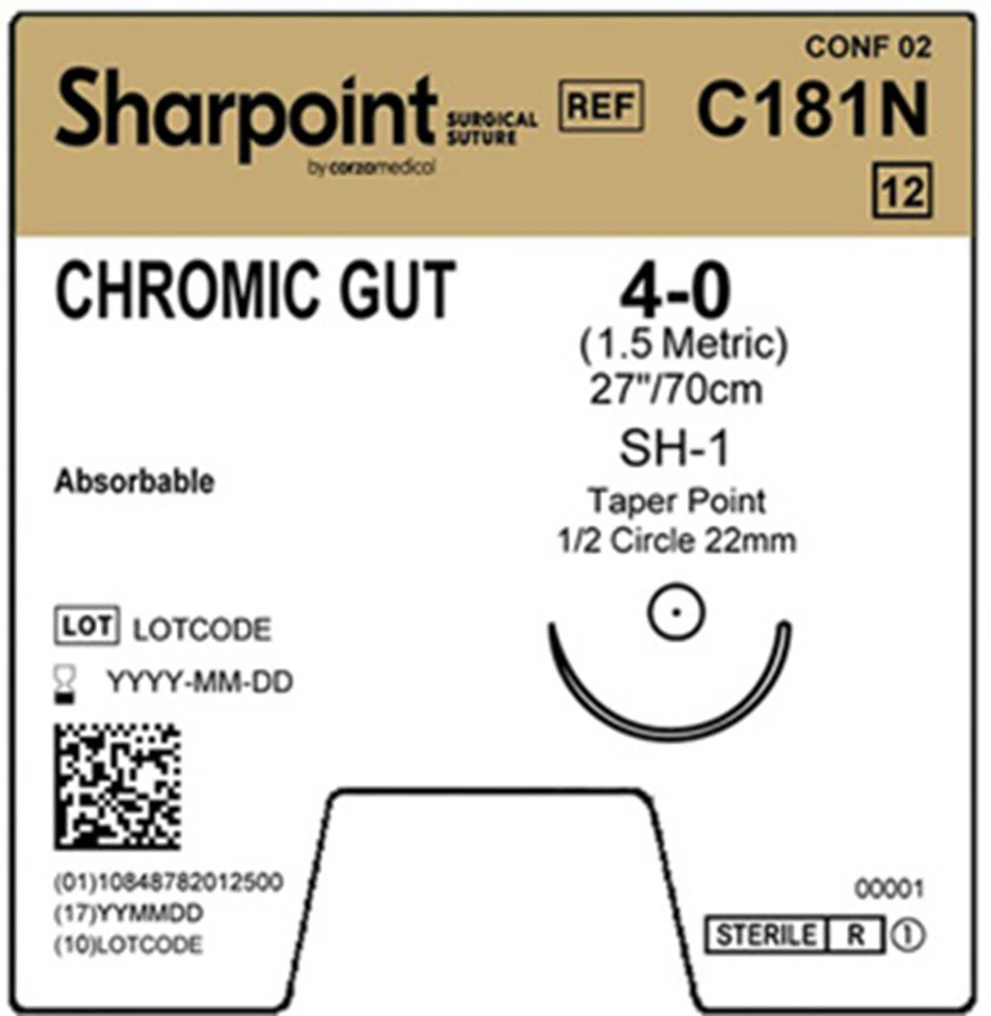 Sharpoint Chromic Gut Suture, 4-0, 27" (70cm), SH-1 Taper Point, 1/2 Circle, 22mm, Undyed, 12/Box