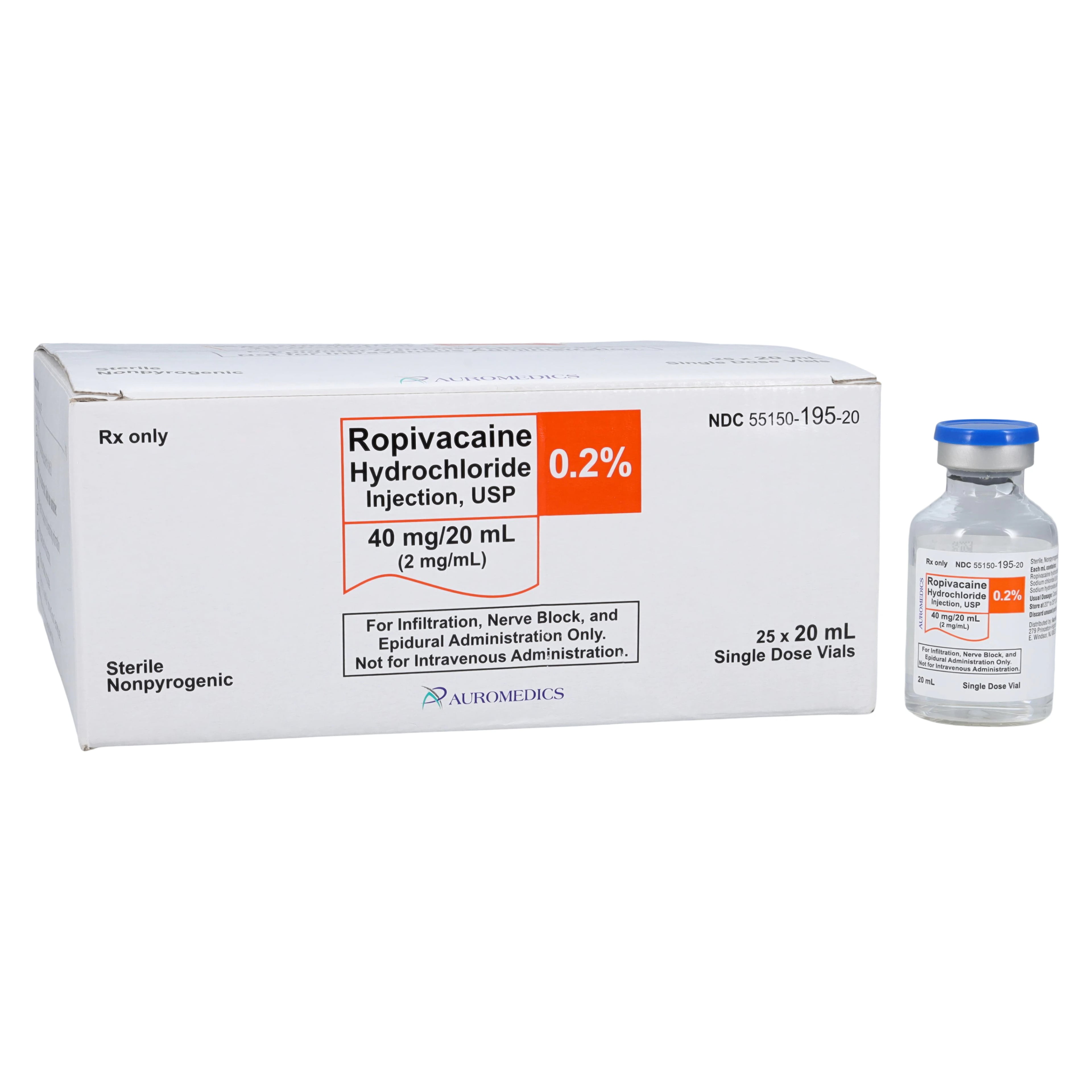 Ropivacaine HCl Injection 0.2% (2 mg/mL), Preservative-Free, Single-Dose Vial, 20 mL, 25/Package