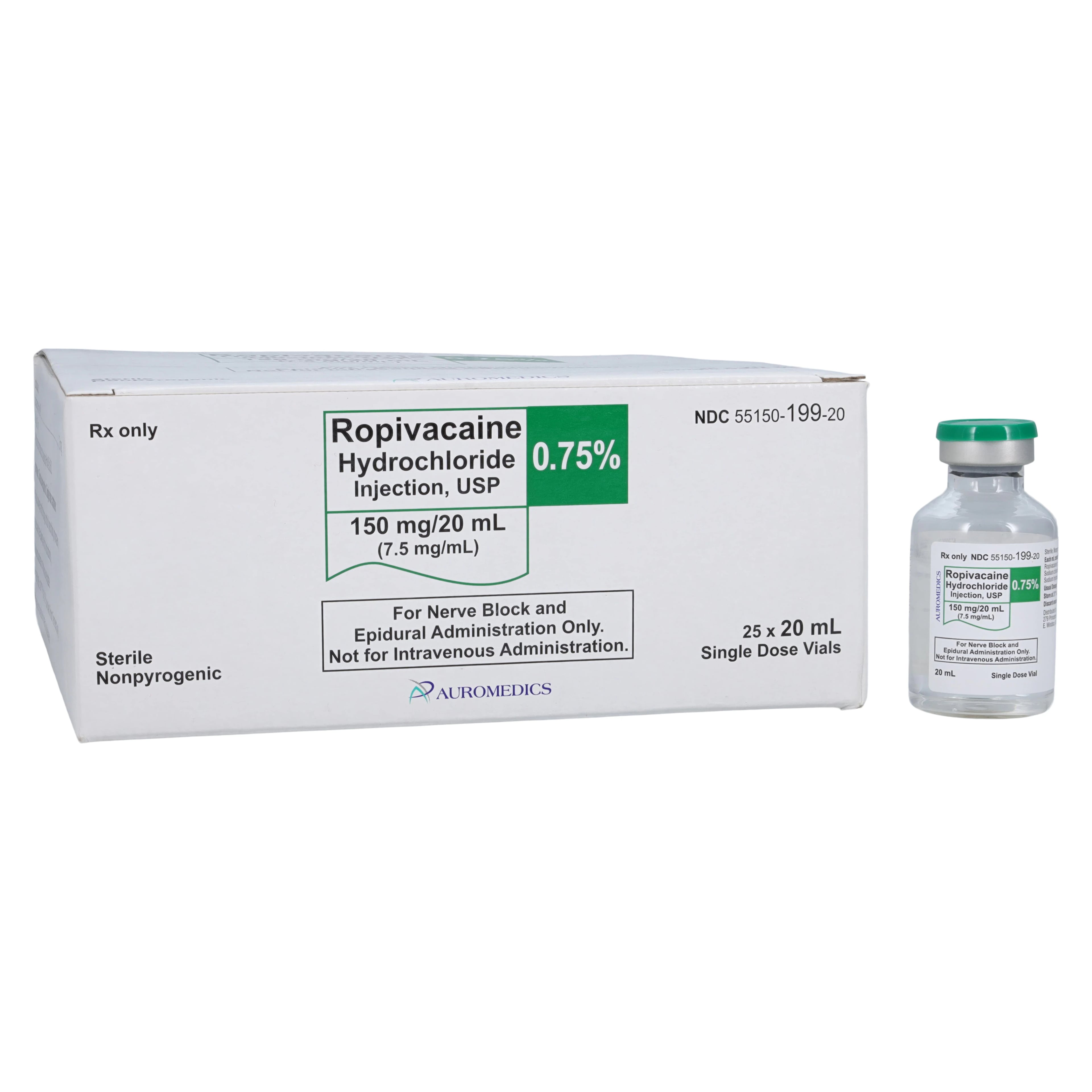 Ropivacaine HCl Injection 0.75% (7.5 mg/mL), Preservative-Free, Single-Dose Vial, 20 mL, 25/Package
