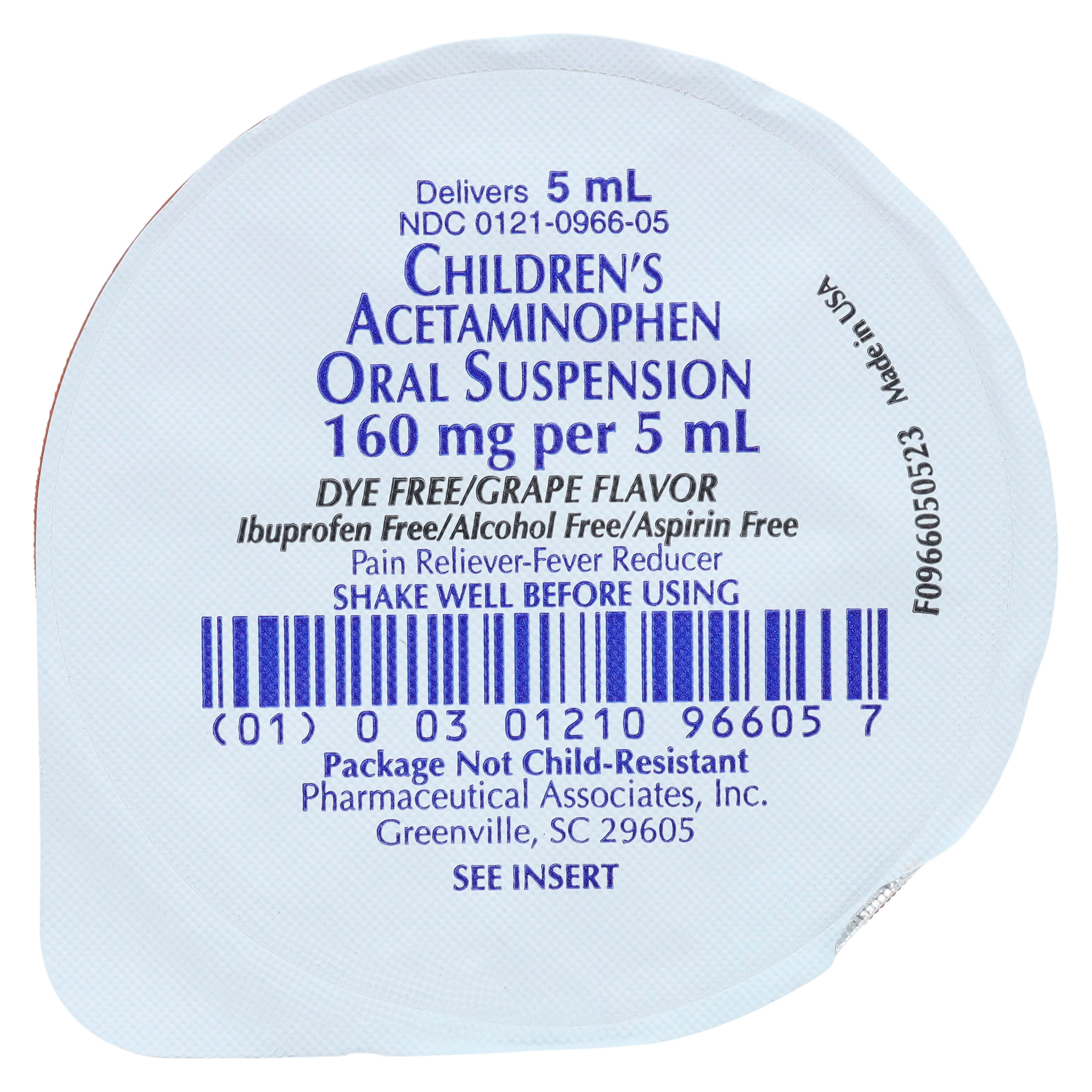 Pharmaceutical Associates Children's Acetaminophen Oral Suspension, 160 mg/5 mL, Grape, 5 mL Unit Dose, 100/Case