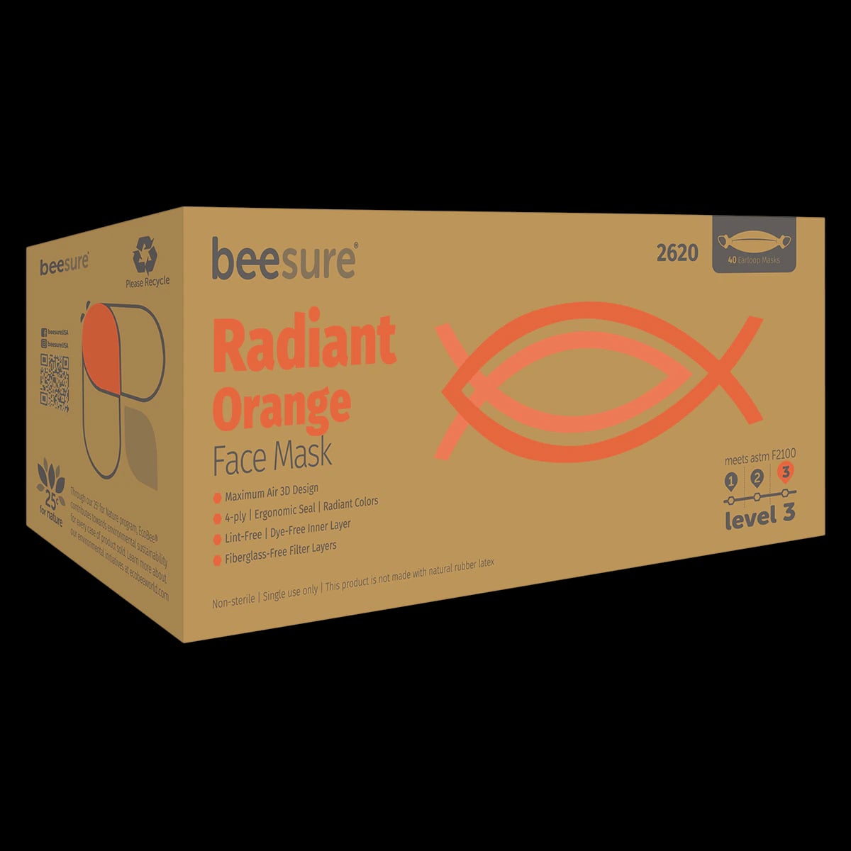 BeeSure Radiant Procedure Face Mask, ASTM Level 3, Orange, 40/Box, BE2620