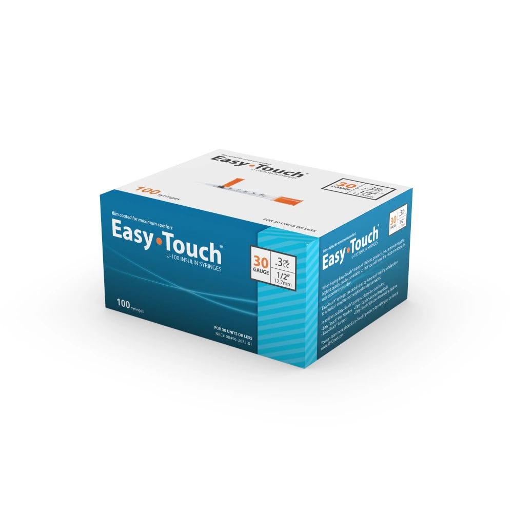EasyTouch Insulin Syringe with Needle, U-100, 0.3cc, 30G x 1/2", Blue, Low Dead Space, 100/Box