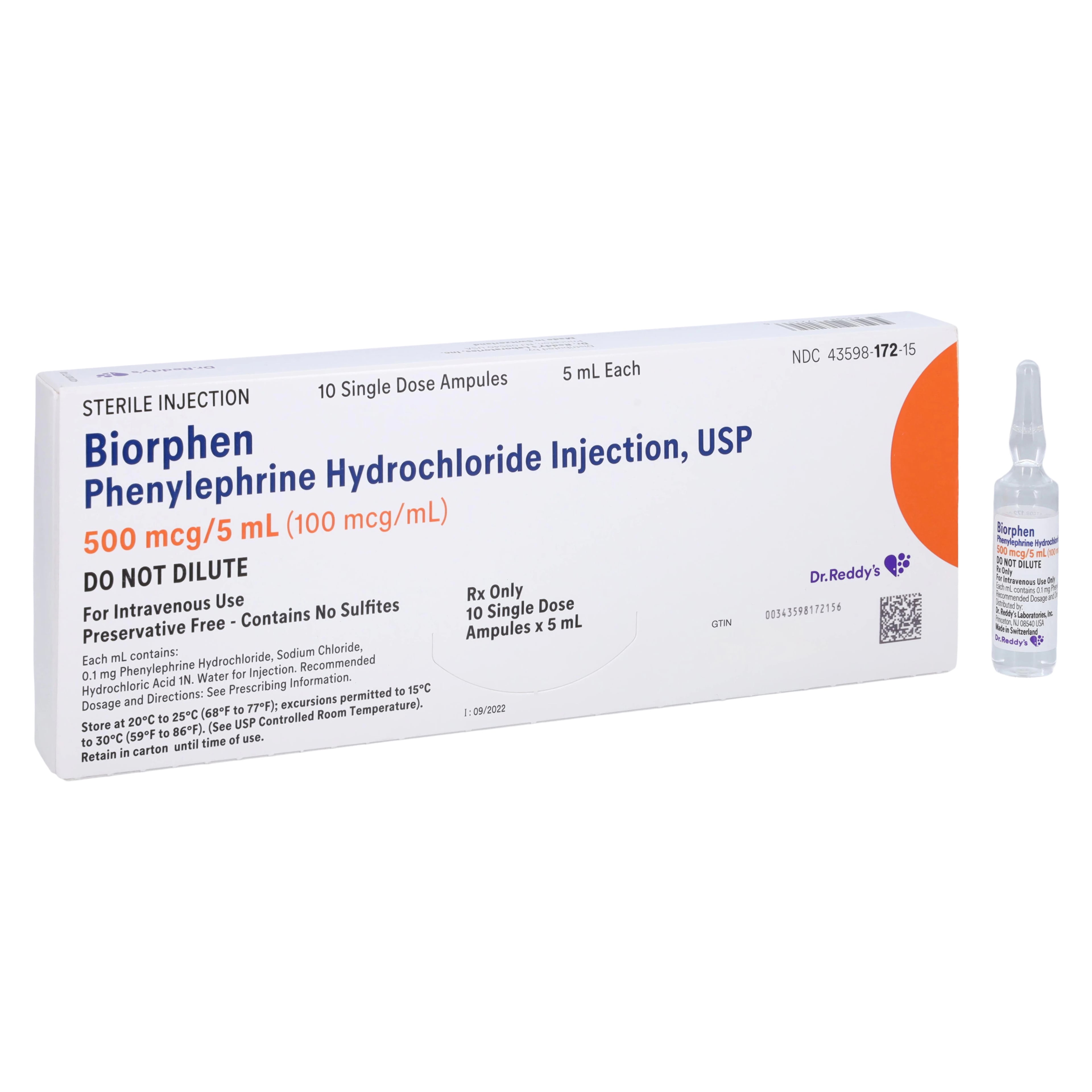 Phenylephrine HCl Injection 100mcg/mL Ampule 5mL, 10/Package, Biorphen