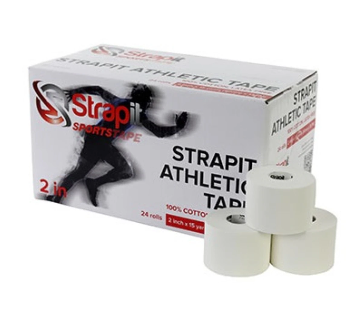 Strapit Athletic Tape, 100% Cotton, 2" x 15 yd, White, Latex-Free, 24/Box