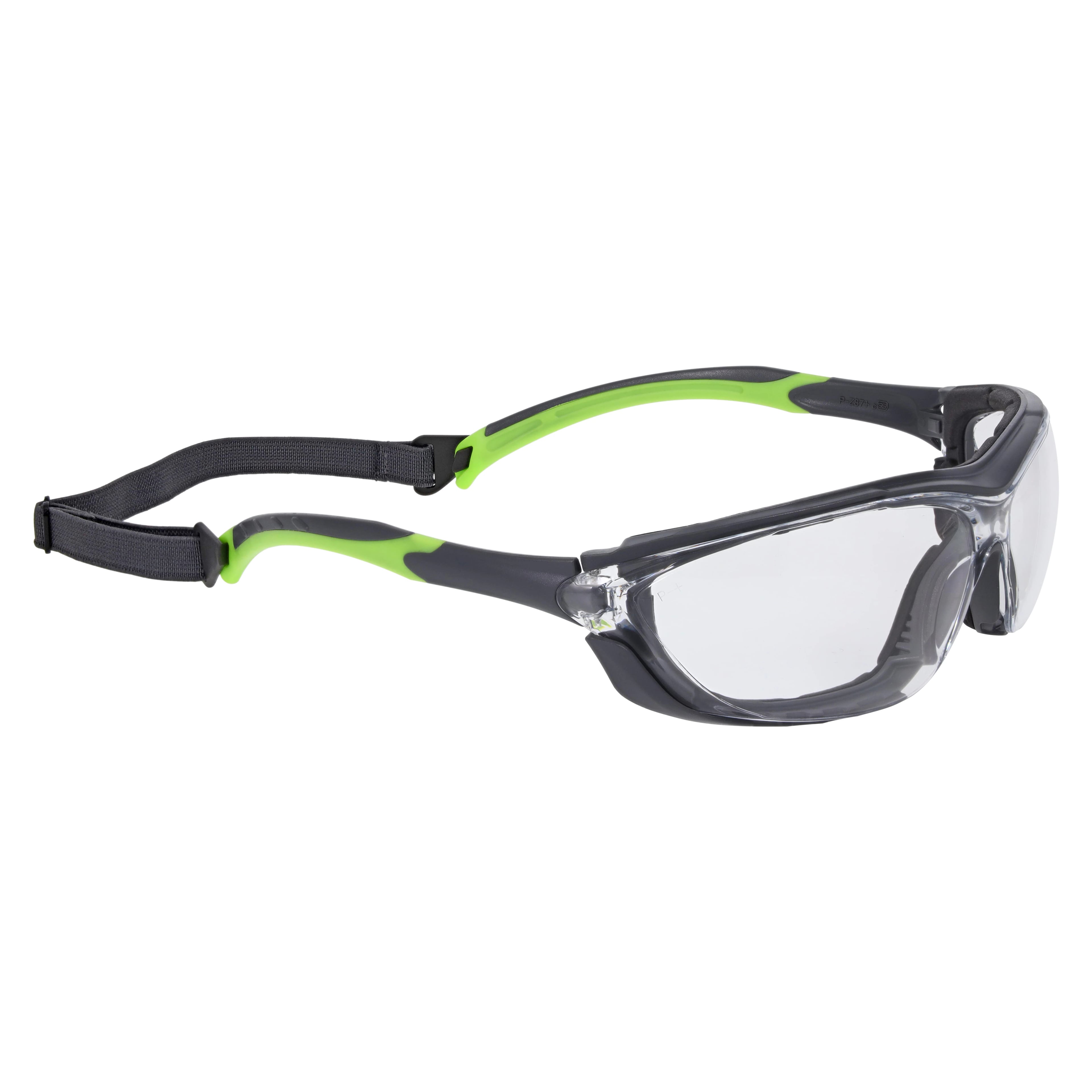 ProVision® Secure™ Safety Eyewear with Strap, Black Frame, Clear Lens, Green Tips, Universal Fit