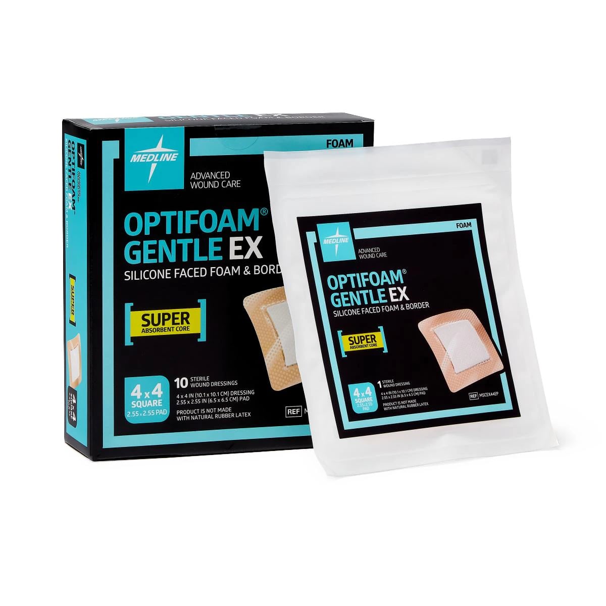Medline Optifoam Gentle EX Foam Border Dressing, 4" x 4", Sterile, Adhesive, Super Absorbent, Latex-Free