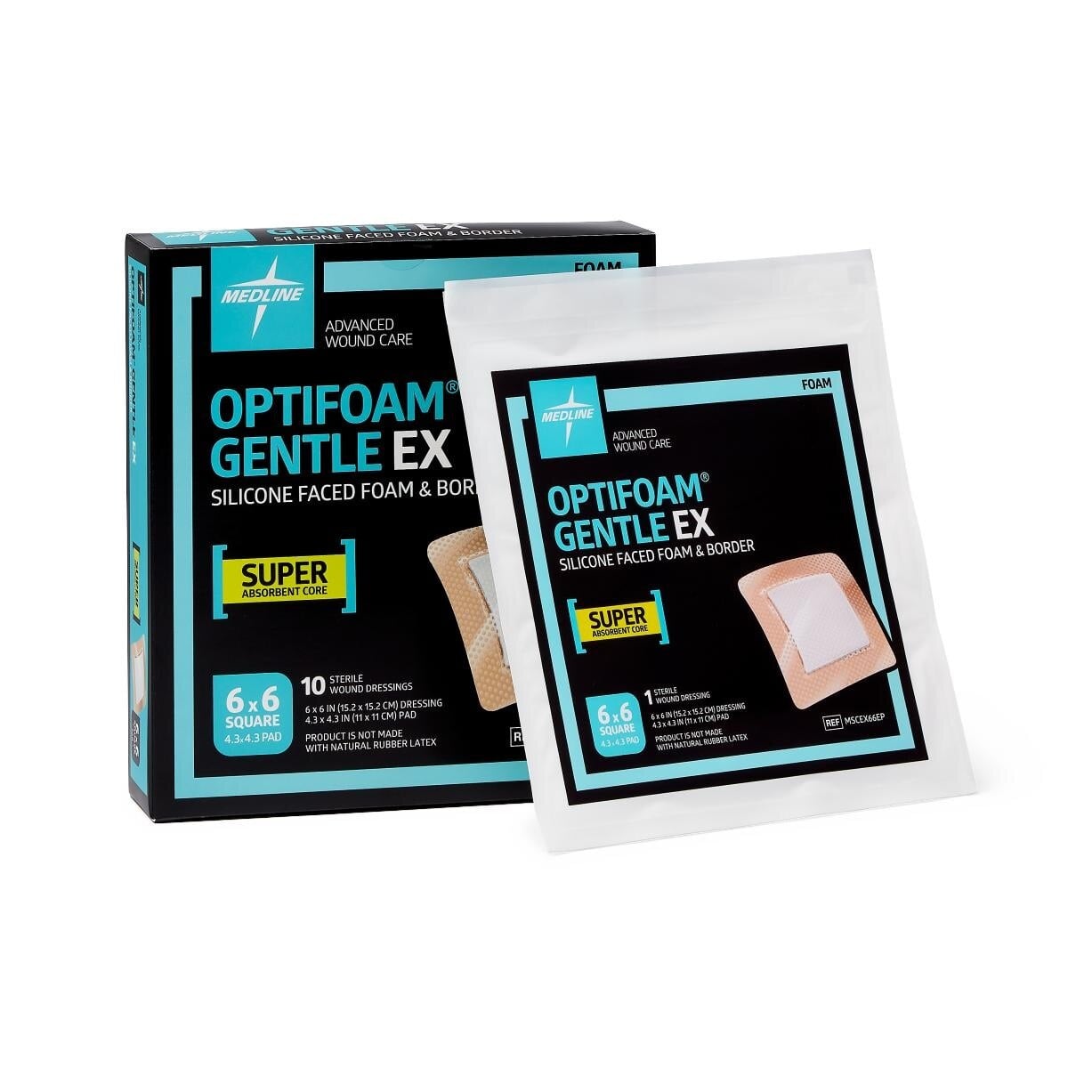 Medline Optifoam Gentle EX Foam Border Dressing, 6x6", 5-Layer, Sterile, Adhesive, Super Absorbent, Latex-Free