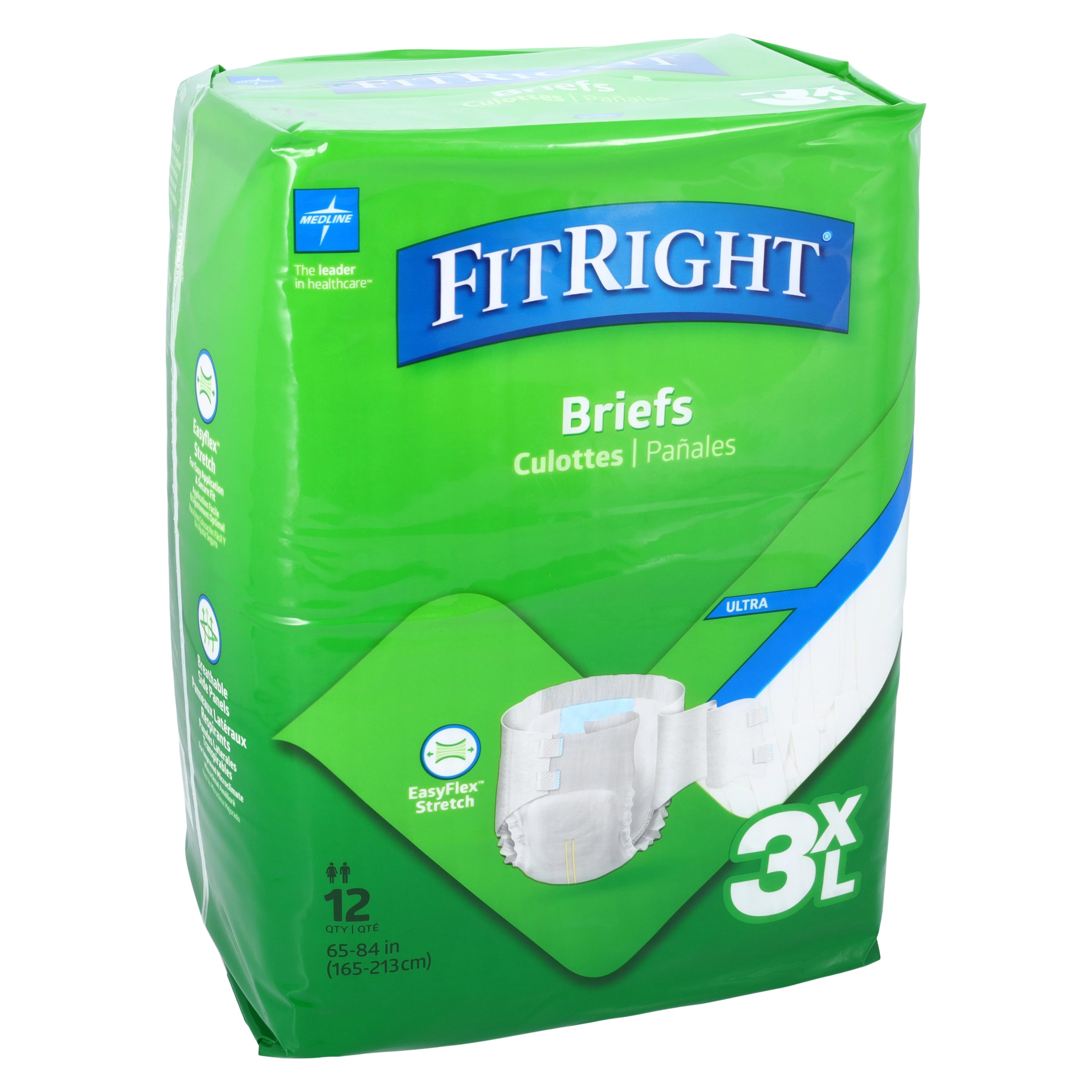 Medline FitRight Incontinence Brief, Unisex, 3XL (71-84" Hip), Heavy Absorbency, Hook and Loop Closure, 48/Case