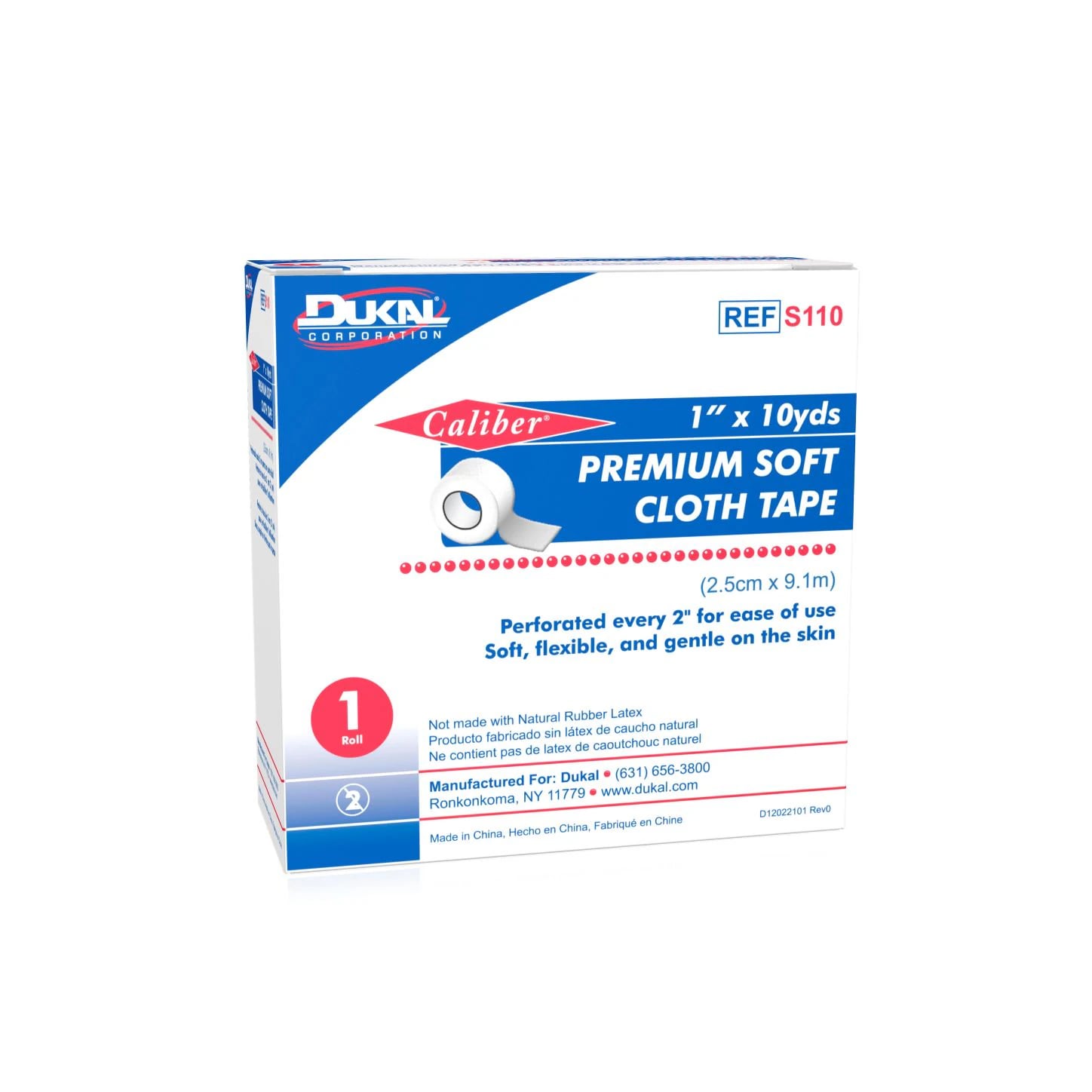 Caliber Surgical Tape Premium Soft Cloth, 1" x 10 yd, White, Non-Sterile, 1 Roll/Box