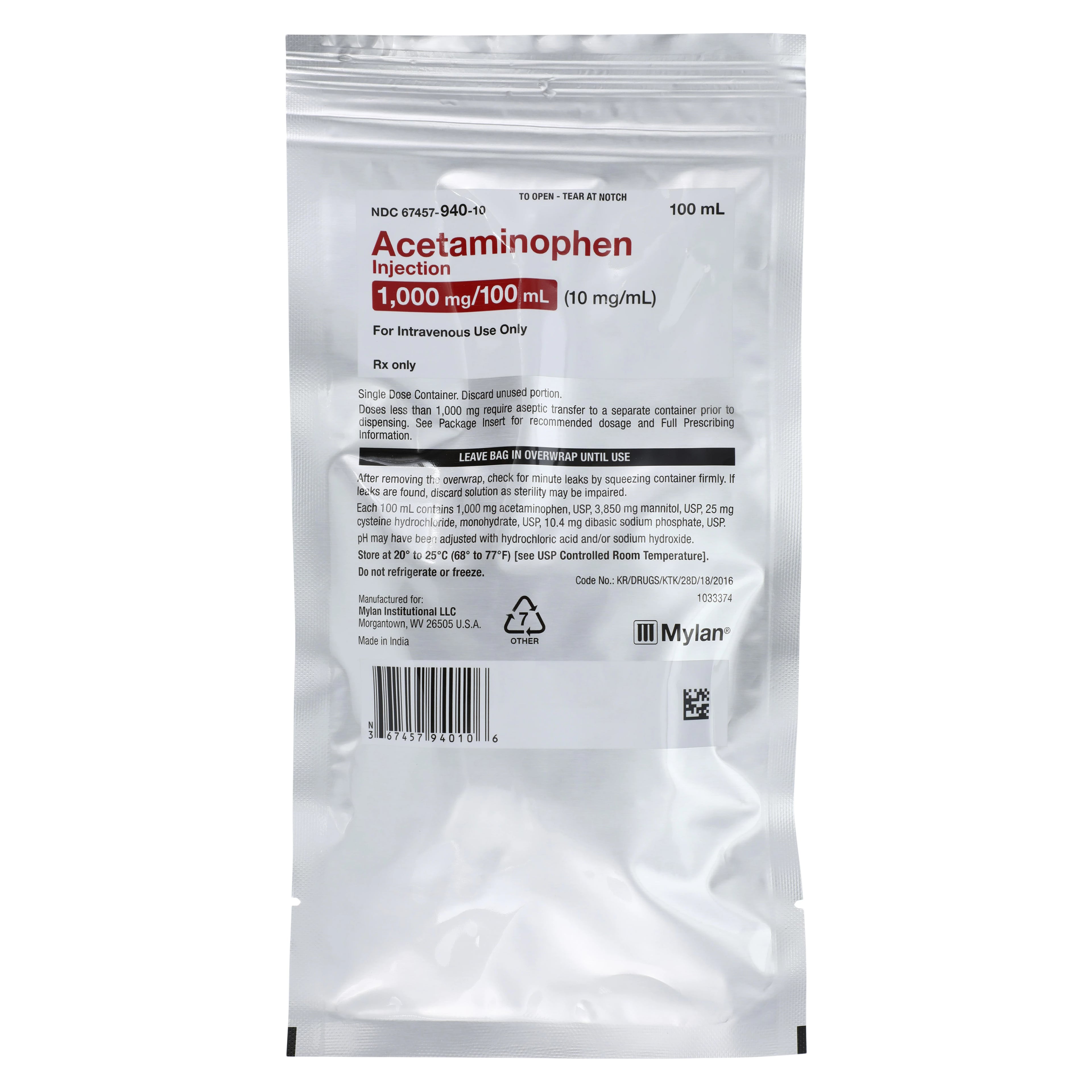 Acetaminophen Injection 10 mg/mL, 100 mL IV Bag, 24/Package (Mylan Institutional)