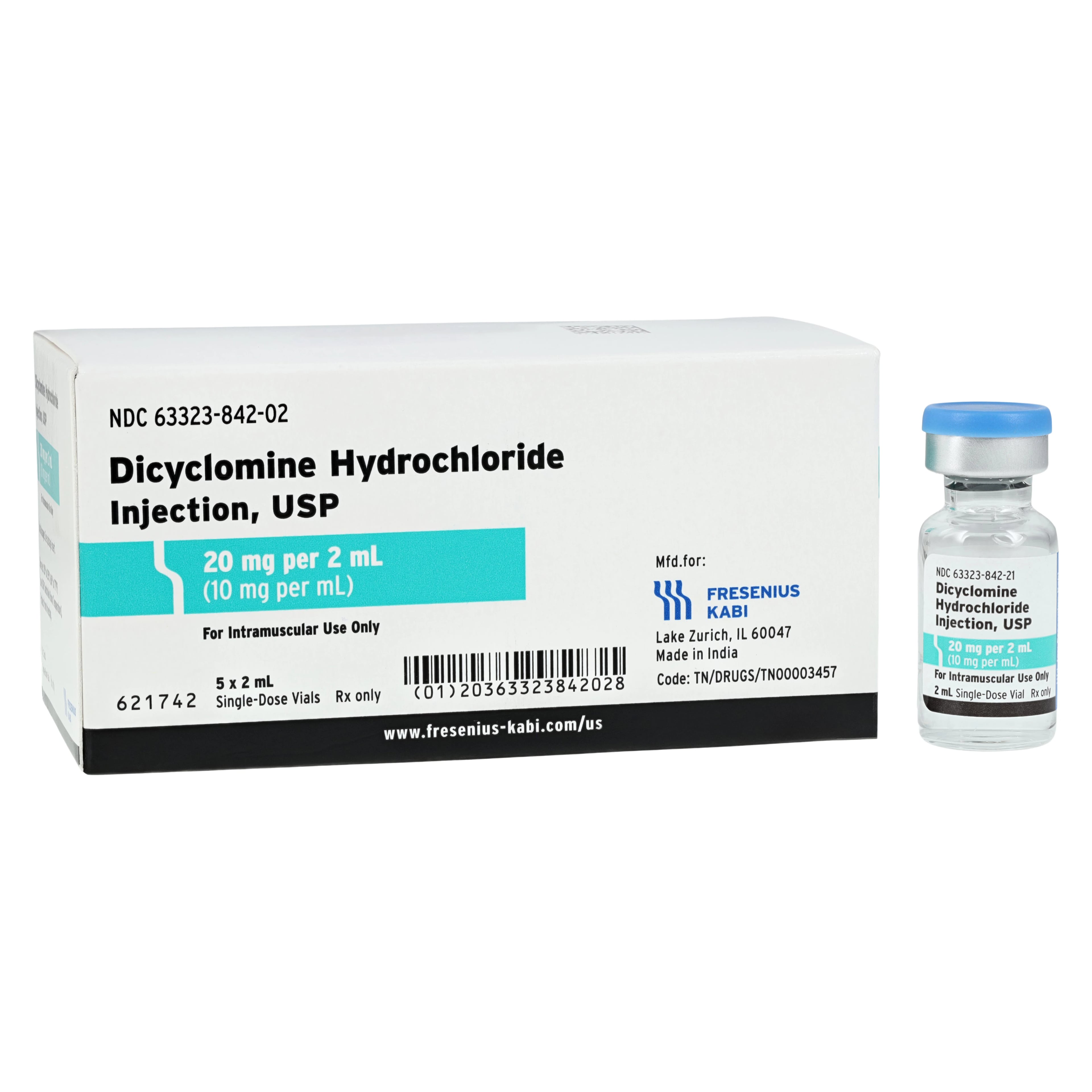 Dicyclomine HCl Injection 10 mg/mL, Single-Dose Vial, 2 mL, 5/Package, Fresenius Kabi