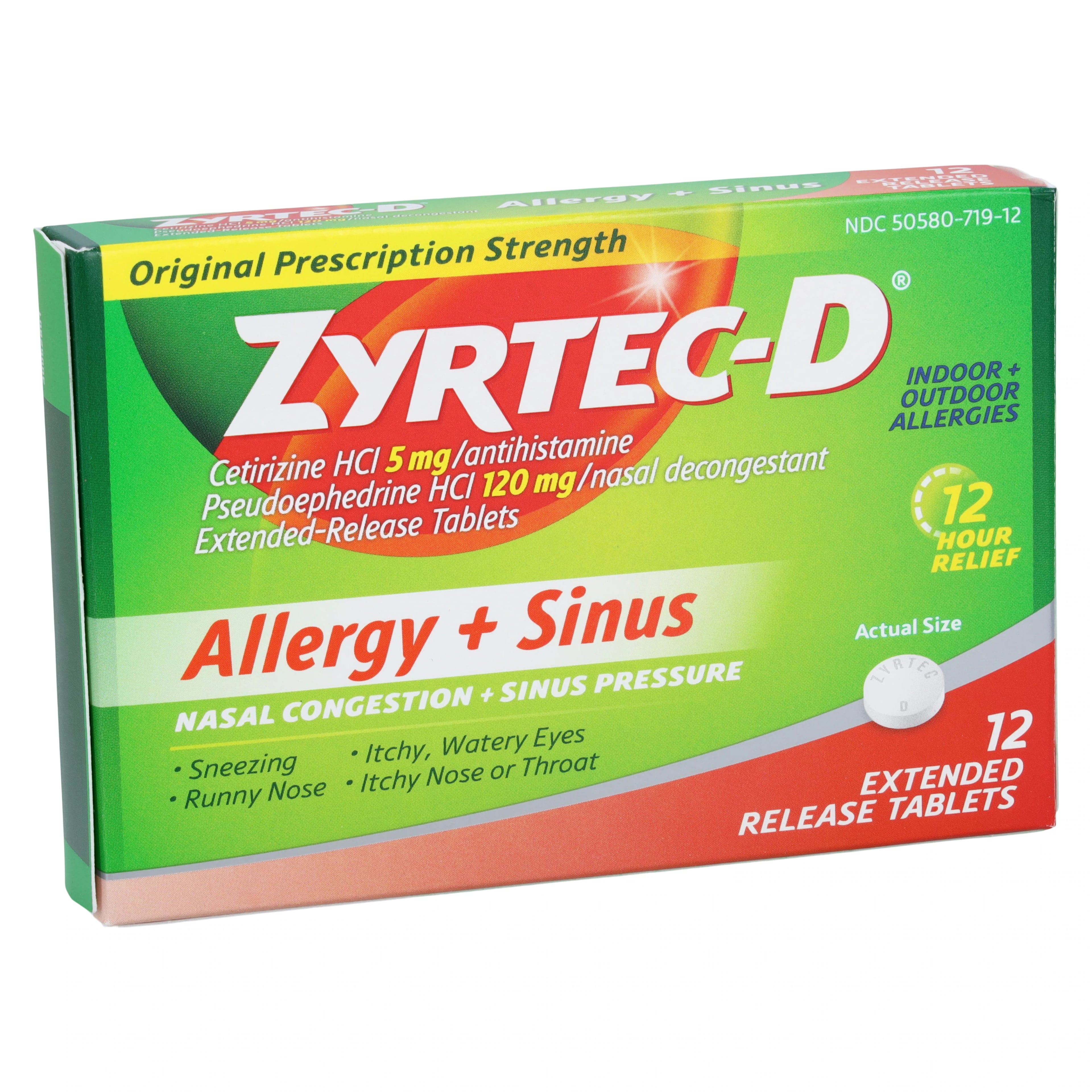 Zyrtec-D Allergy & Sinus Tablets, 5 mg Cetirizine HCl / 120 mg Pseudoephedrine HCl, 12 Tablets/Box