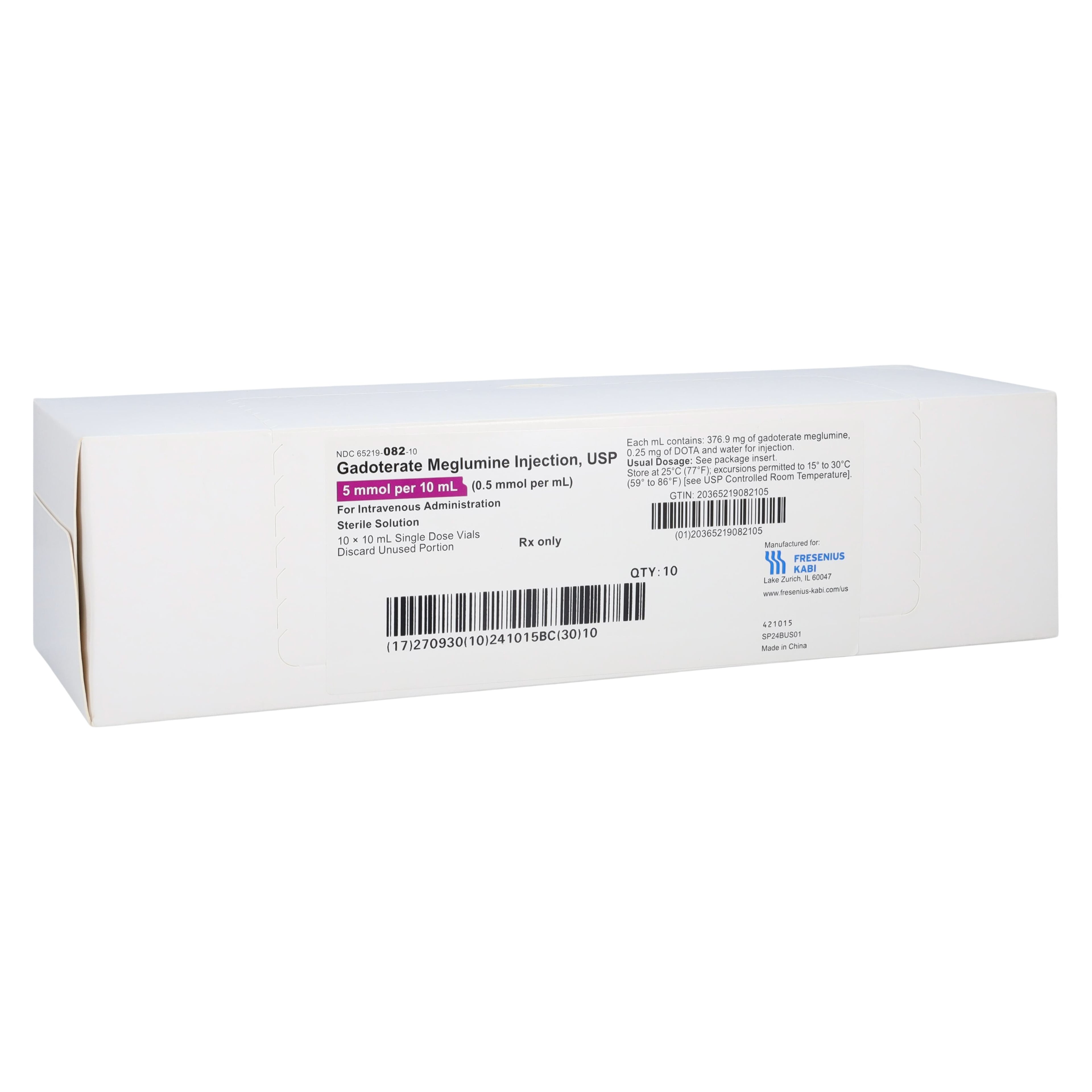 Gadoterate Meglumine Injection 0.5 mmol/mL, Single-Dose Vial, 10 mL, 10/Package