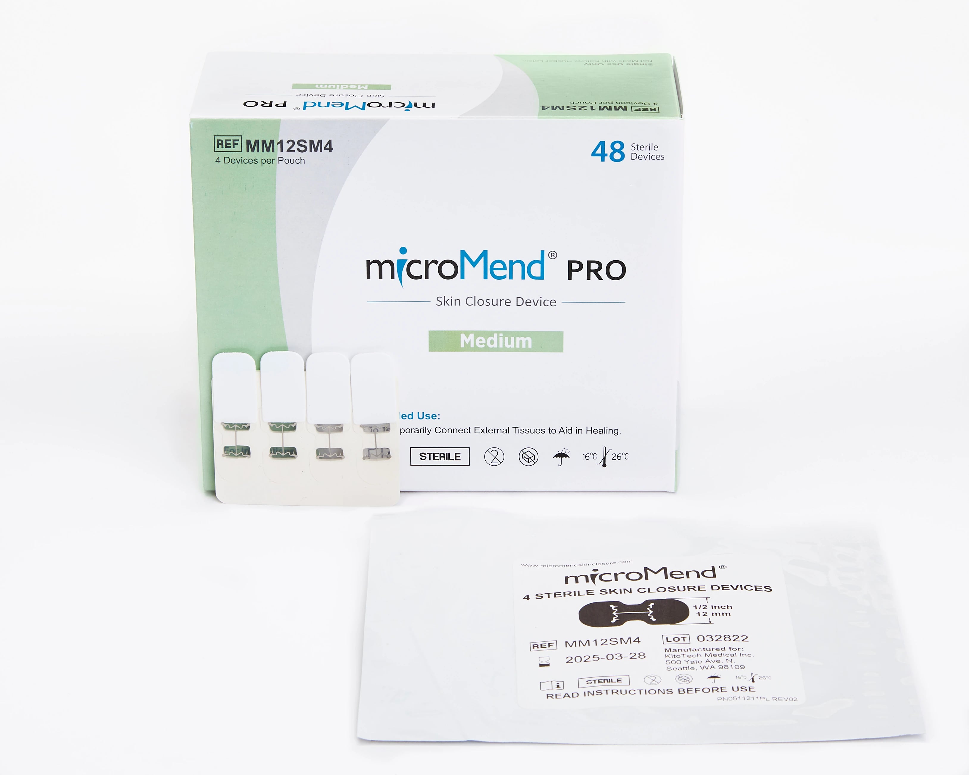 microMend PRO Wound Clip Medium, Stainless Steel, 12x28mm, Clear, Sterile, 12/Box