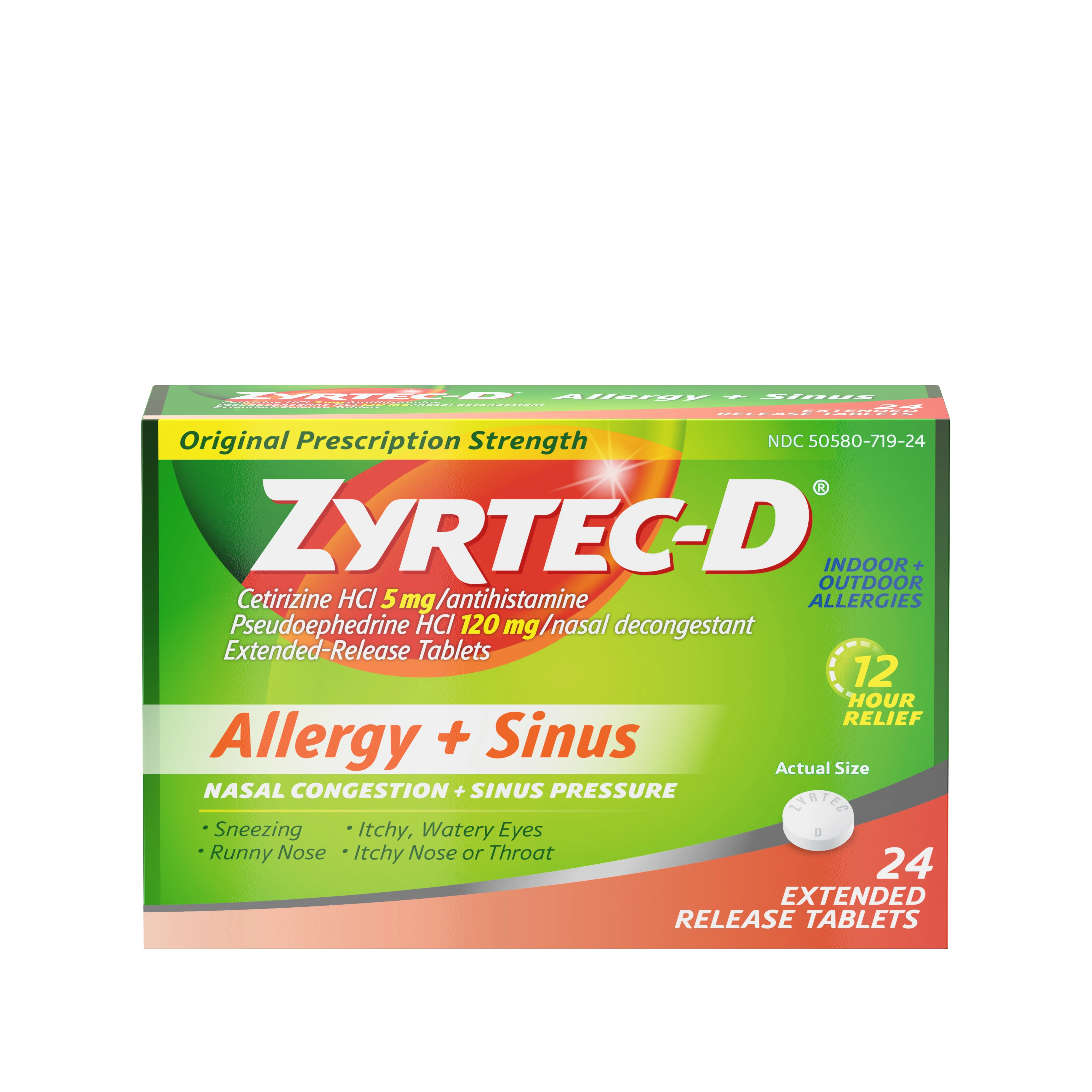 Zyrtec-D Extended-Release Tablets, 5 mg Cetirizine HCl / 120 mg Pseudoephedrine HCl, 24 Count