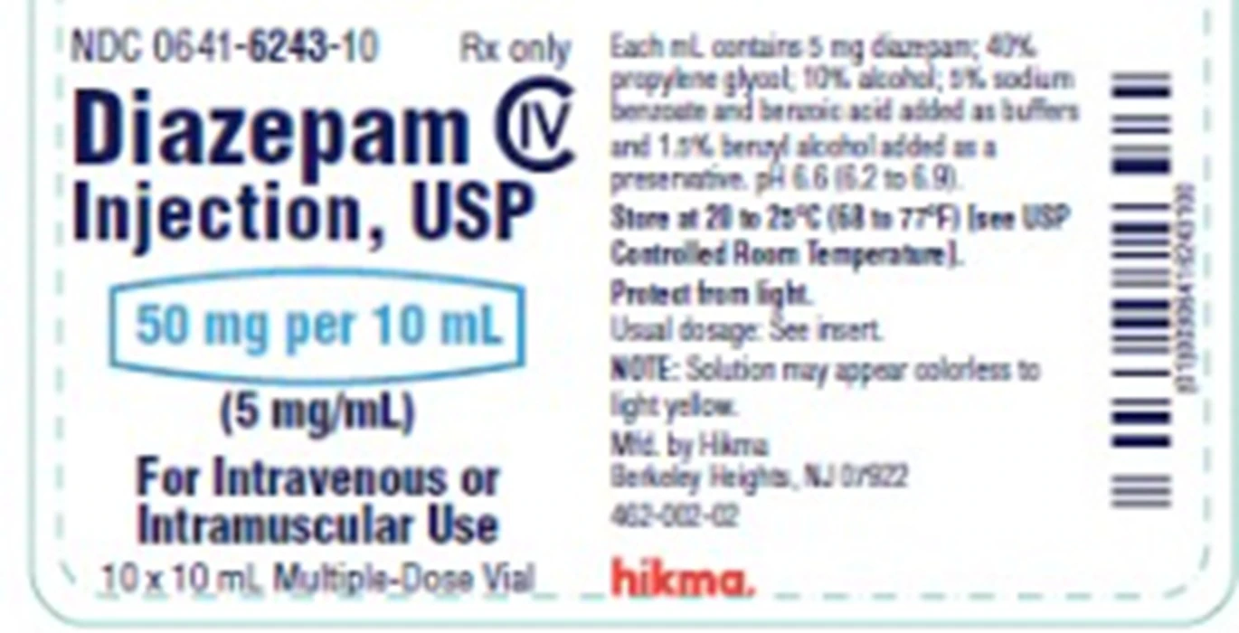 Diazepam Injection, 5mg/mL, MDV, 10mL, 10/Package, Hikma Pharmaceuticals