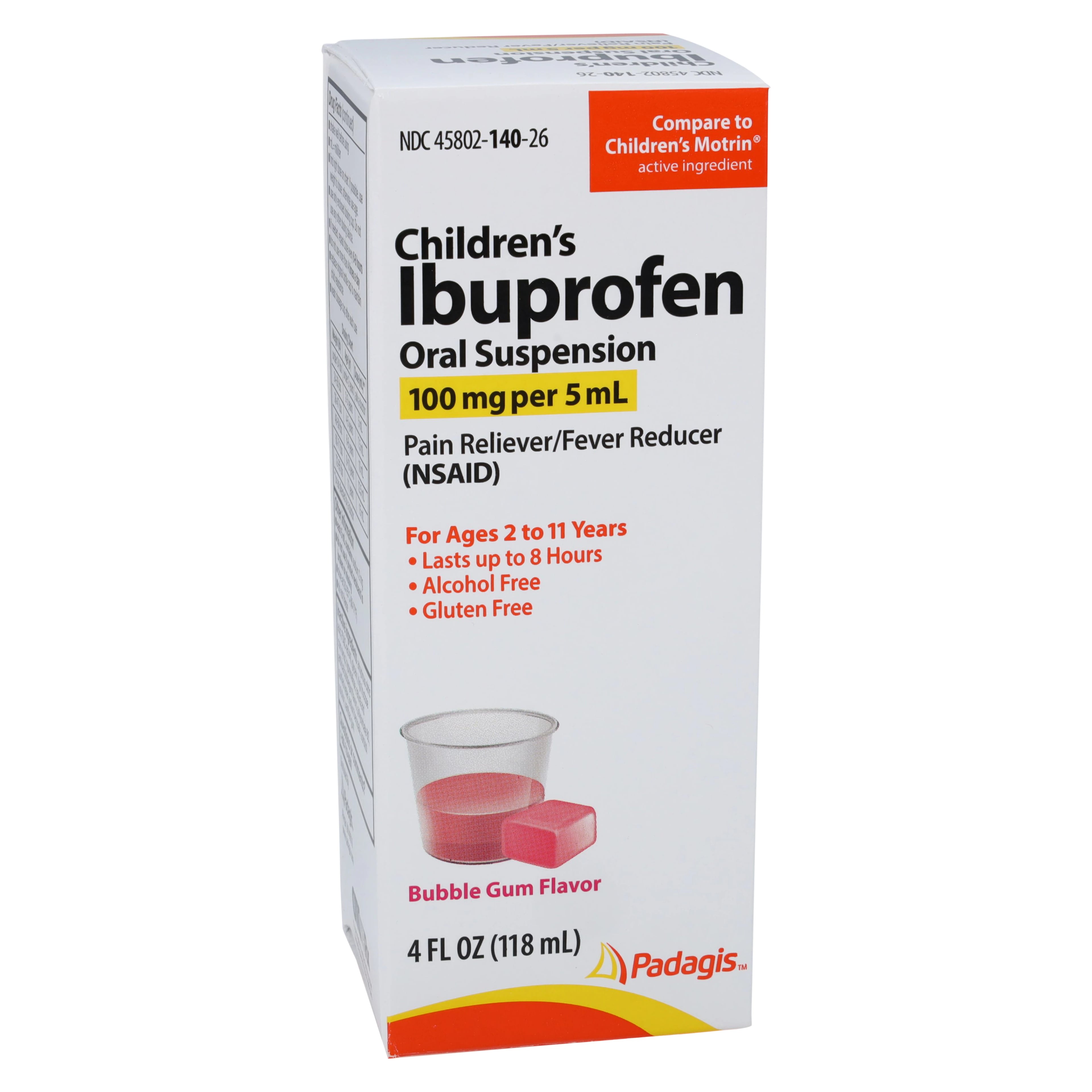 Ibuprofen Children's Oral Suspension, 100mg/5mL, Bubble Gum Flavor, 4oz Bottle