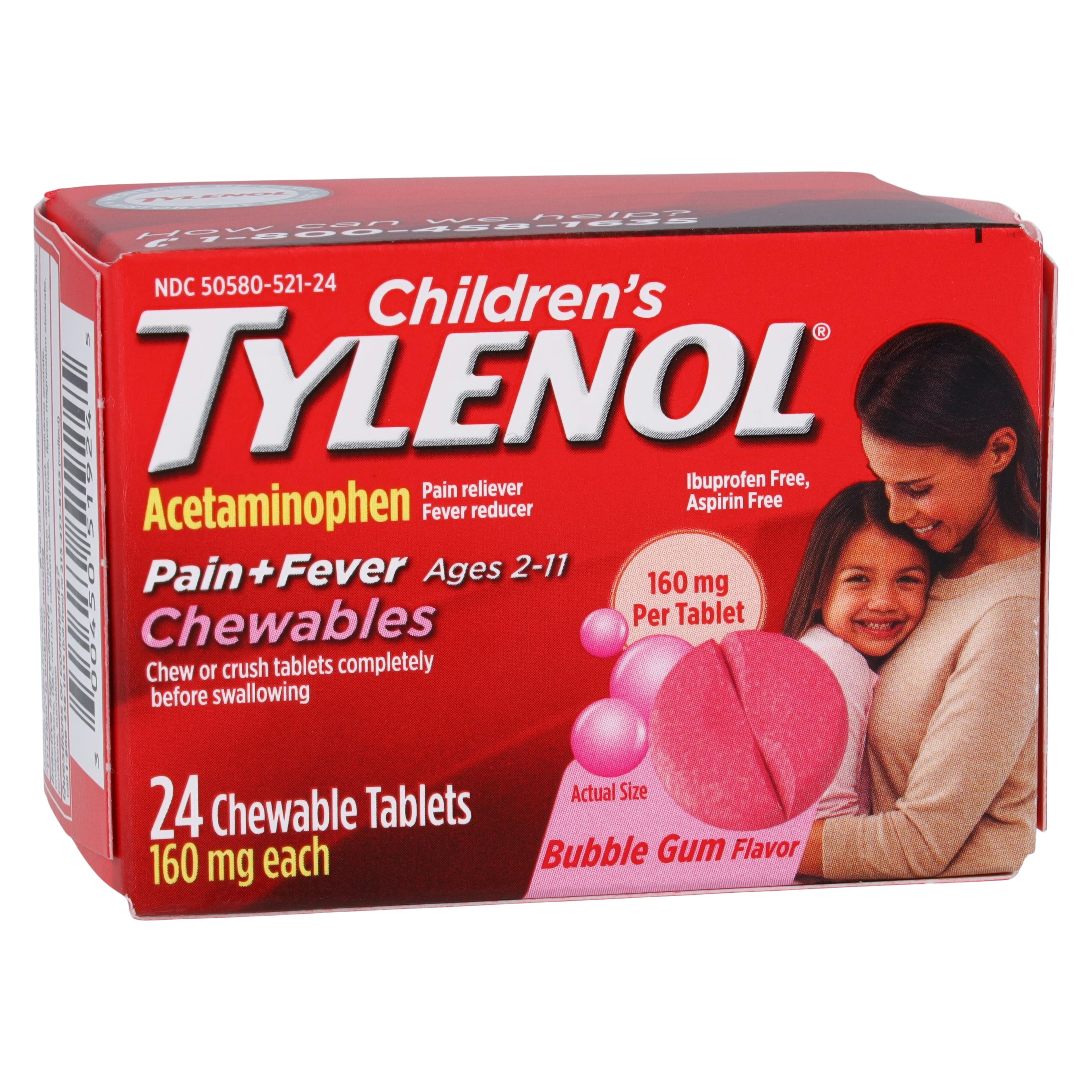 Tylenol Children's Chewable Tablets, 160 mg, Bubble Gum Flavor, 3 Bottles/Package