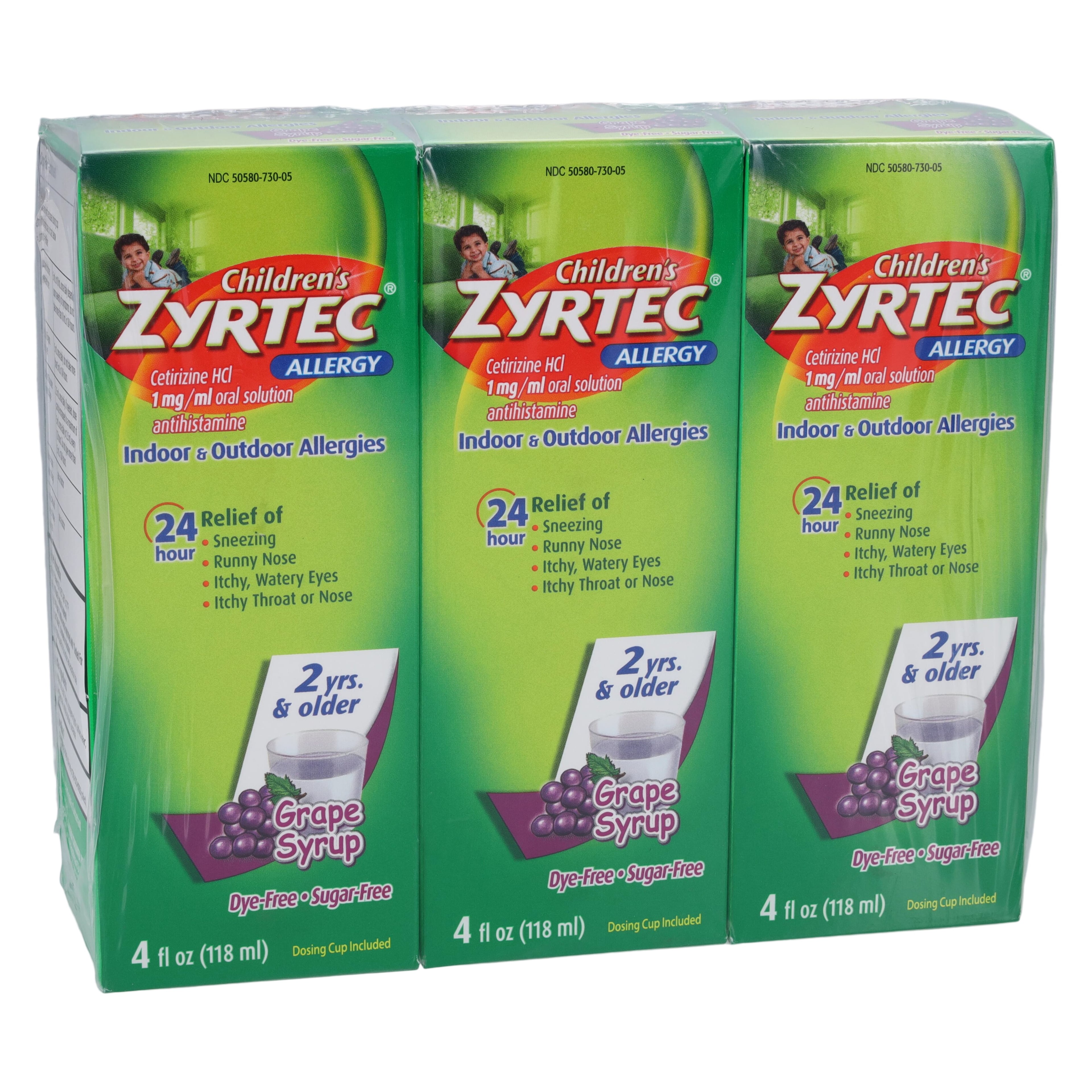 Zyrtec Children's Allergy Oral Solution, Dye-Free, Grape, 1 mg/mL Cetirizine HCl, 4 oz Bottles, 3/Pack
