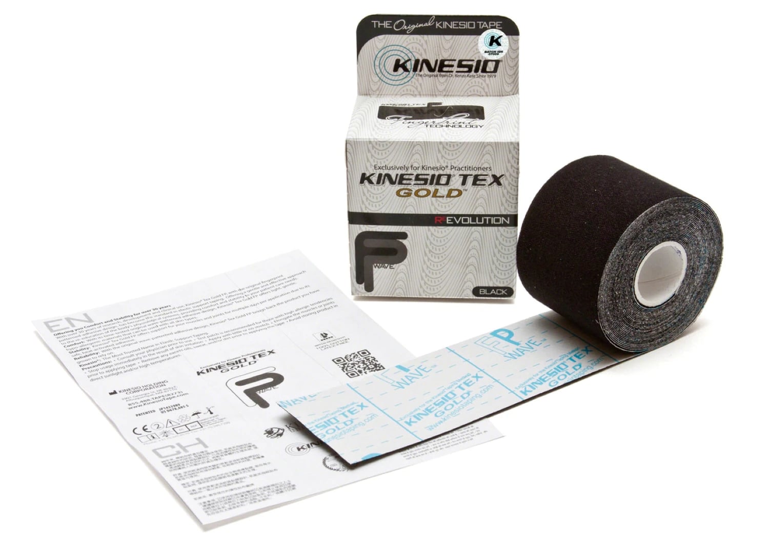 Kinesio Tex Gold FP Kinesiology Tape, Cotton, 2" x 5.5 yd, Black, Non-Sterile, 6 Rolls/Box