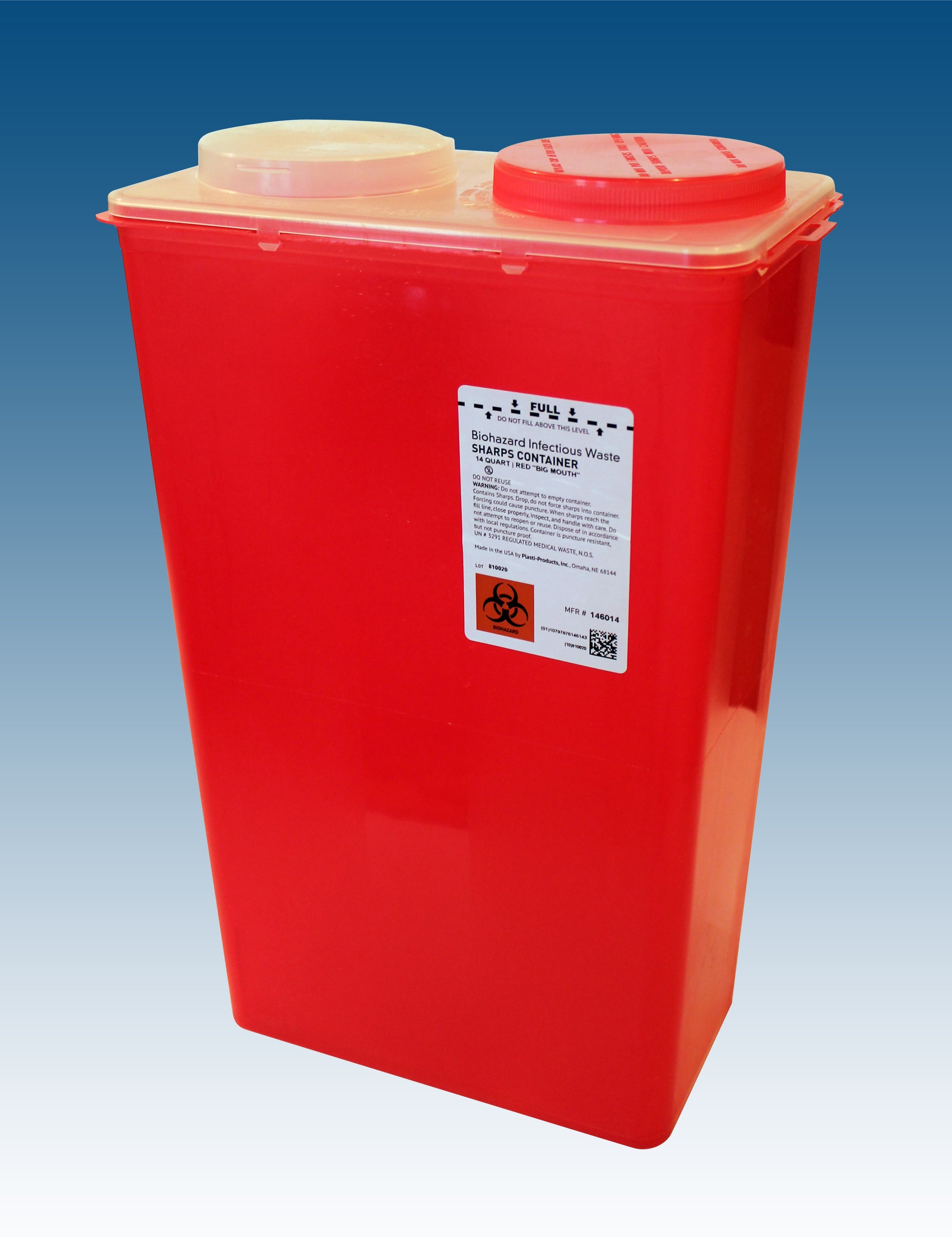 Plasti-Products Big Mouth Sharps Container, 14 qt, Red, 6.75 x 11.75 x 17 in, 10/Case
