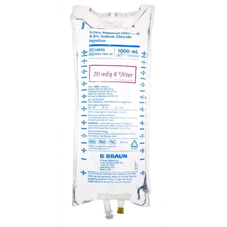 B. Braun Potassium Chloride 20mEq in 0.9% Sodium Chloride Injection, 1000mL IV Bag, 12/Case