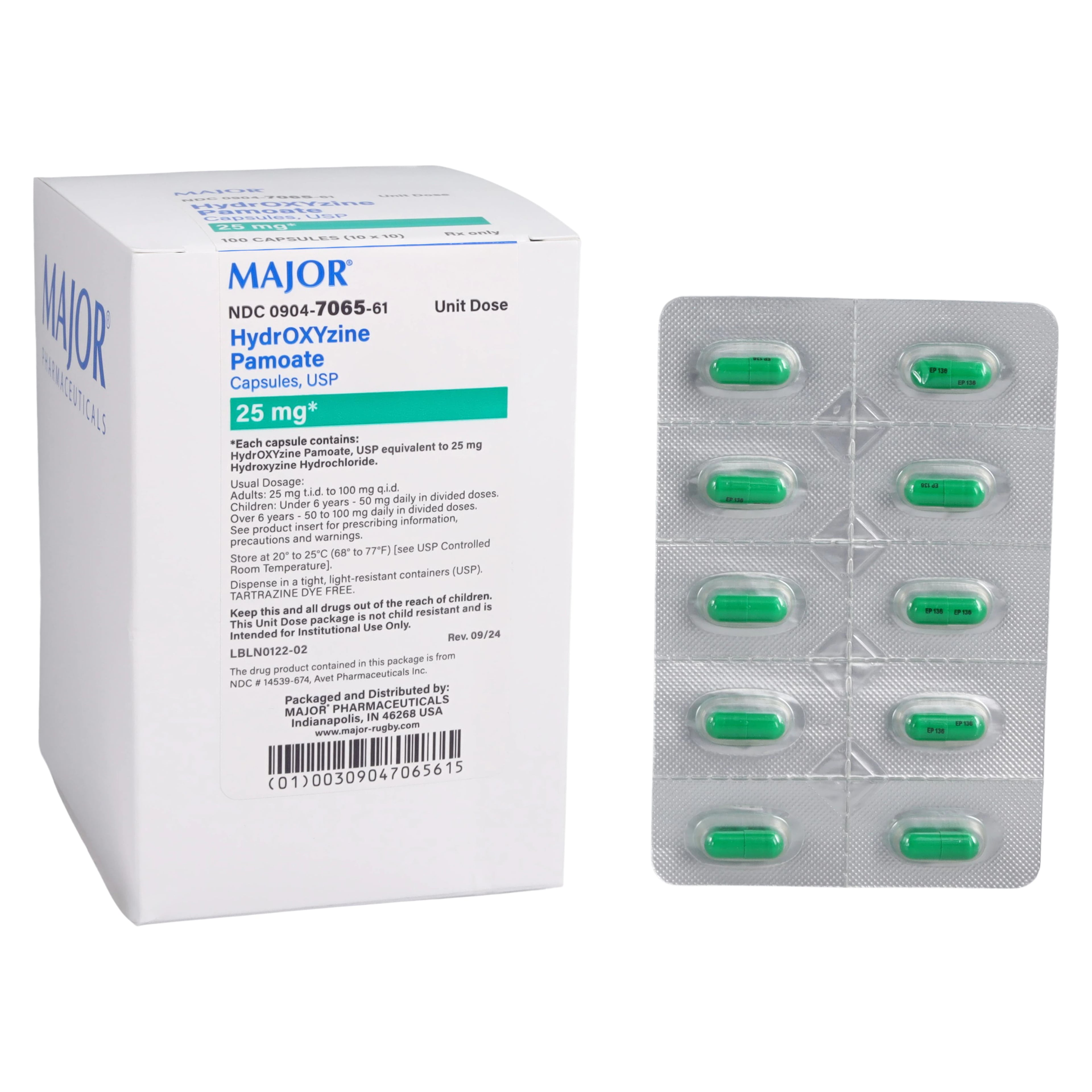Hydroxyzine Pamoate Capsules 25 mg, Unit Dose, 100/Package (Major Pharmaceuticals)