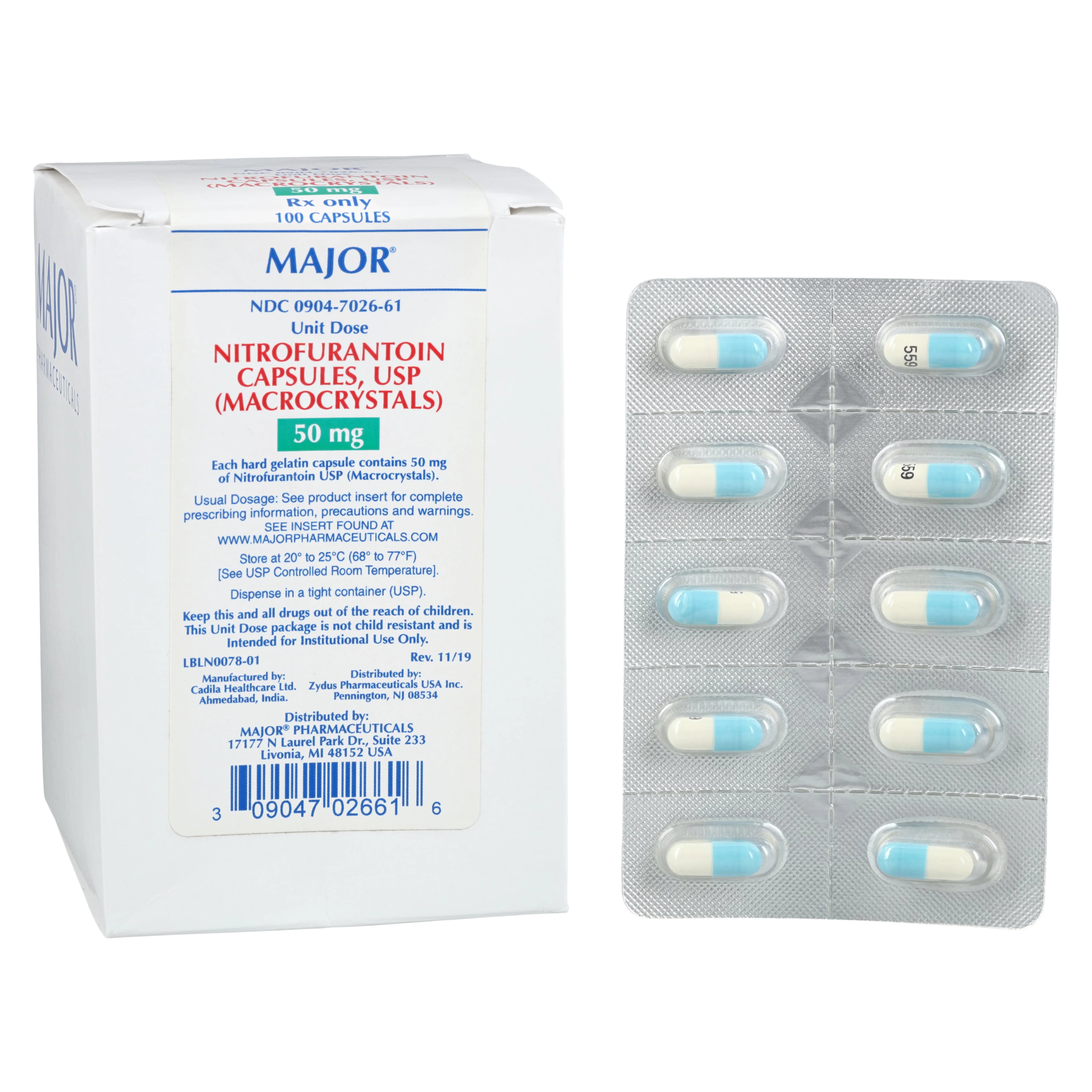 Nitrofurantoin Macrocrystals Capsules 50 mg, Unit Dose, 100/Package (Major Pharmaceuticals)
