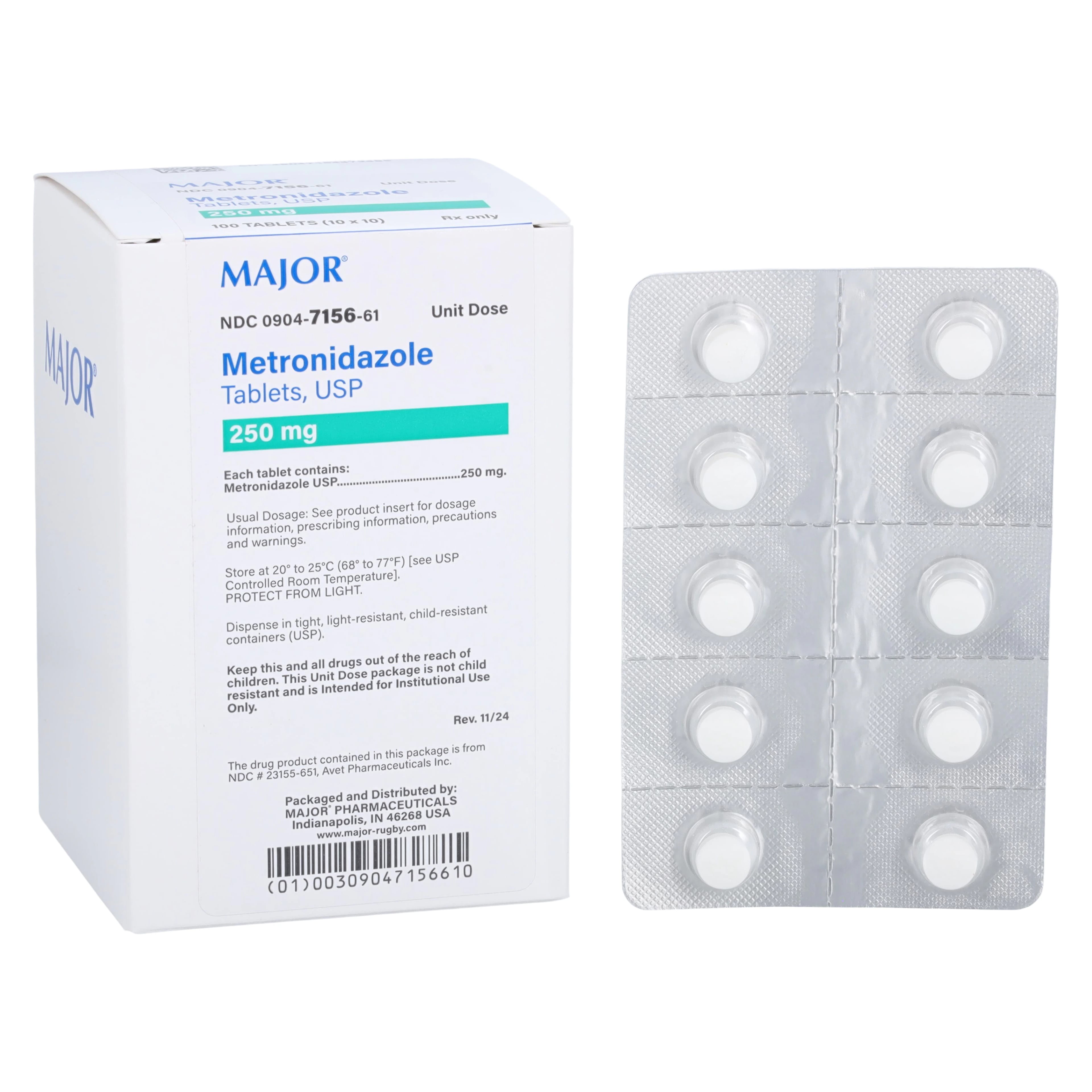 Metronidazole Tablets 250 mg, Unit Dose, 100/Package, Major Pharmaceuticals