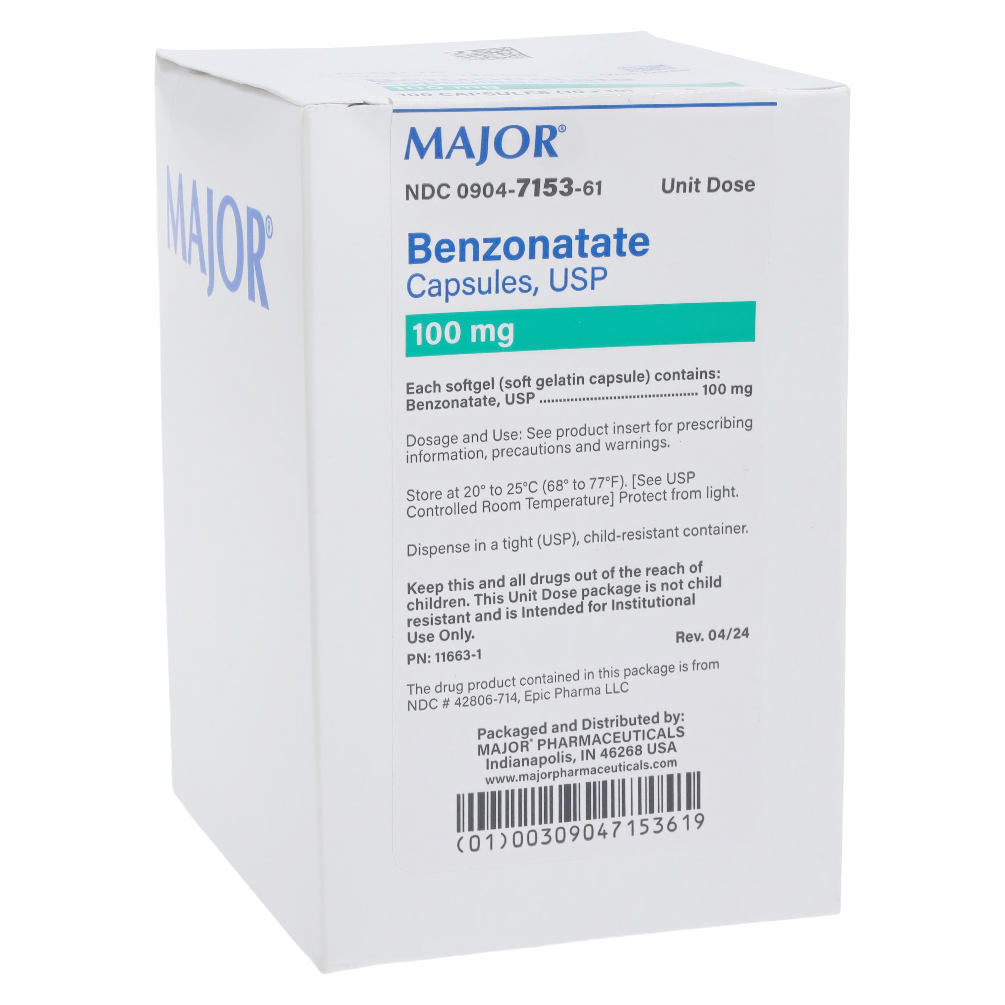 Benzonatate Capsules 100 mg, Unit Dose, 100/Package, Major Pharmaceuticals