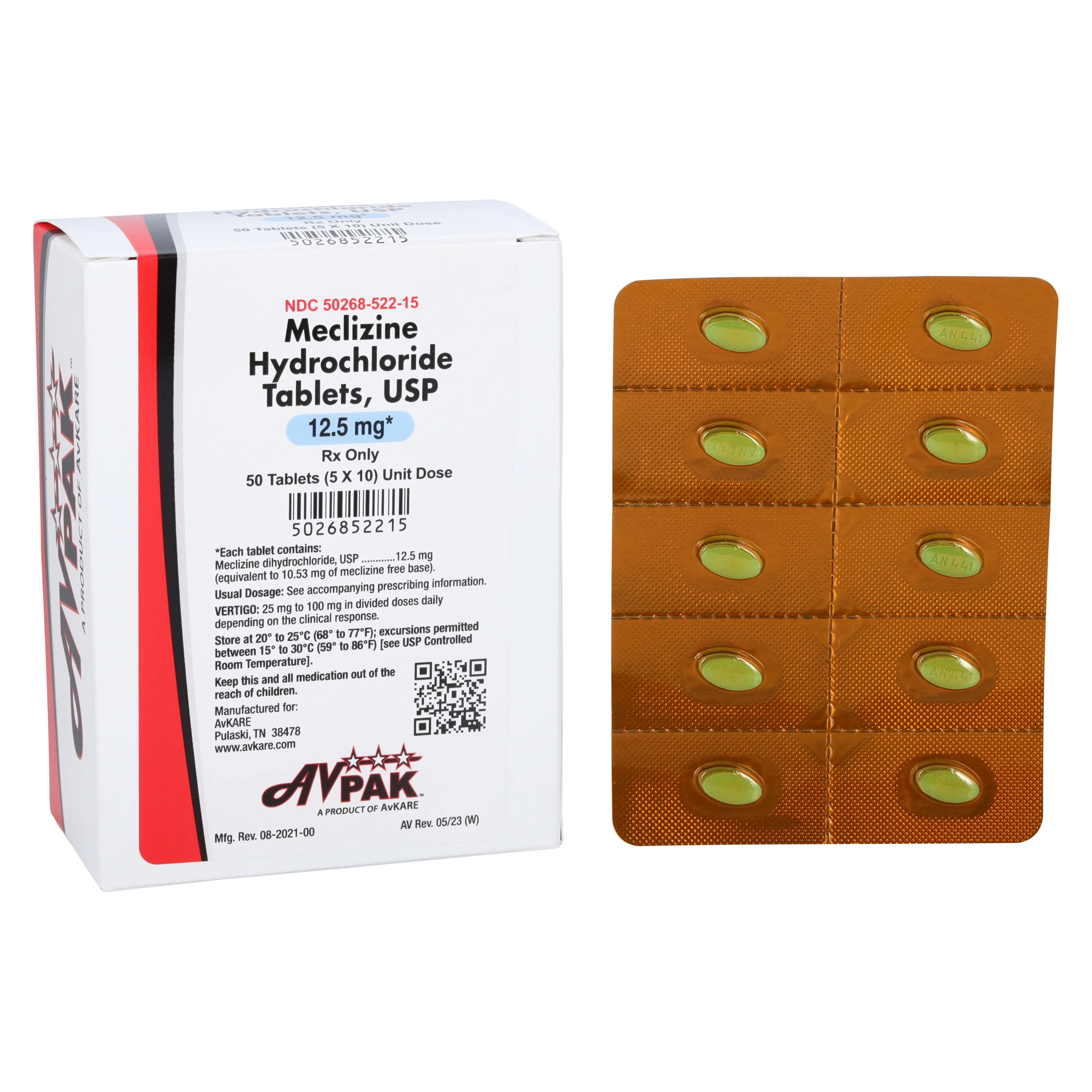 AvPak Meclizine HCl Tablets 12.5 mg, Unit Dose, 50/Package