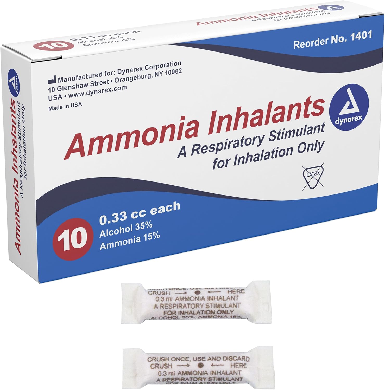 Dynarex Ammonia Inhalants (Smelling Salts) Ampules, 0.33 cc, Box of 10, Case of 50