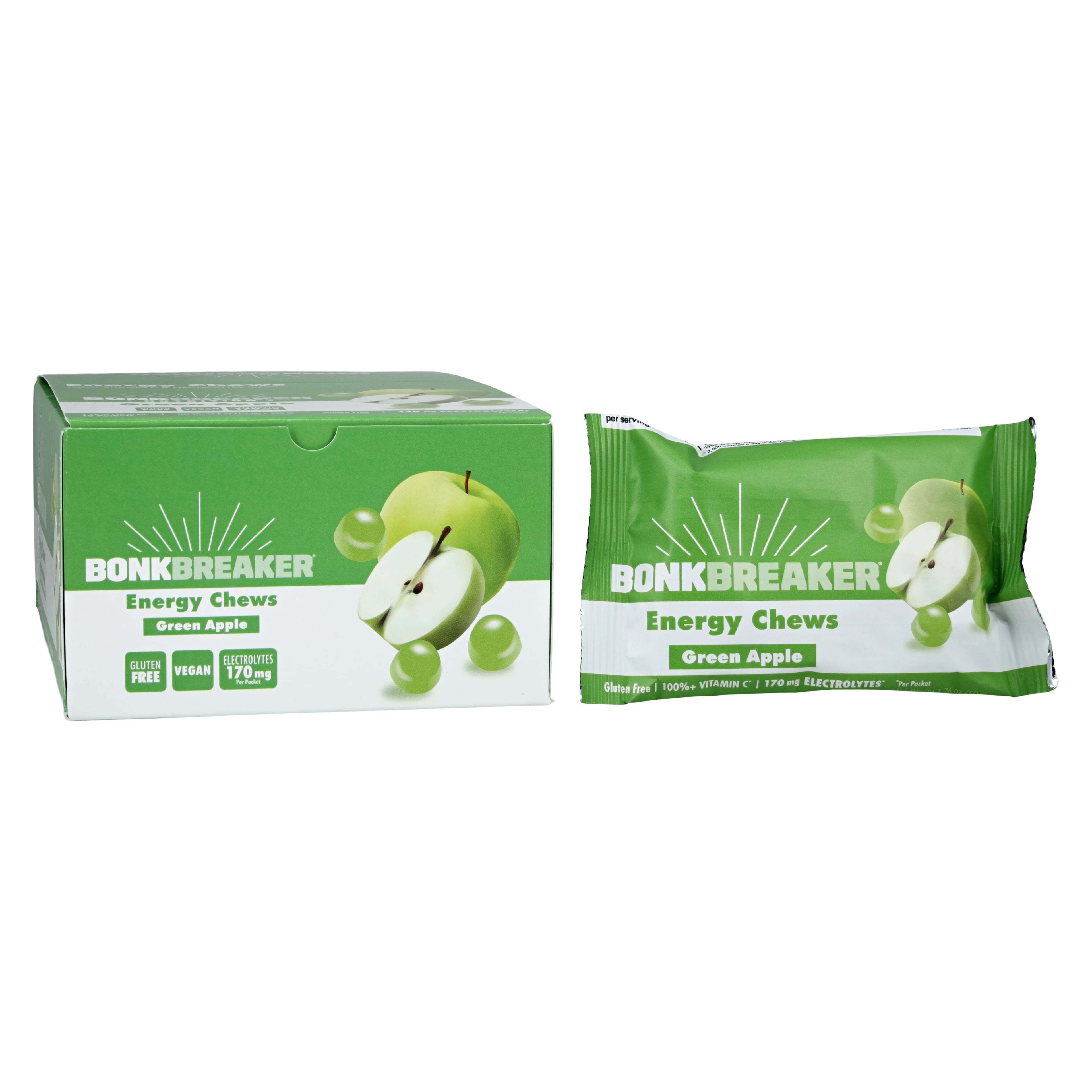 Bonk Breaker Energy Chews, Green Apple, Electrolyte with 100% DV Vitamin C, Carton of 10