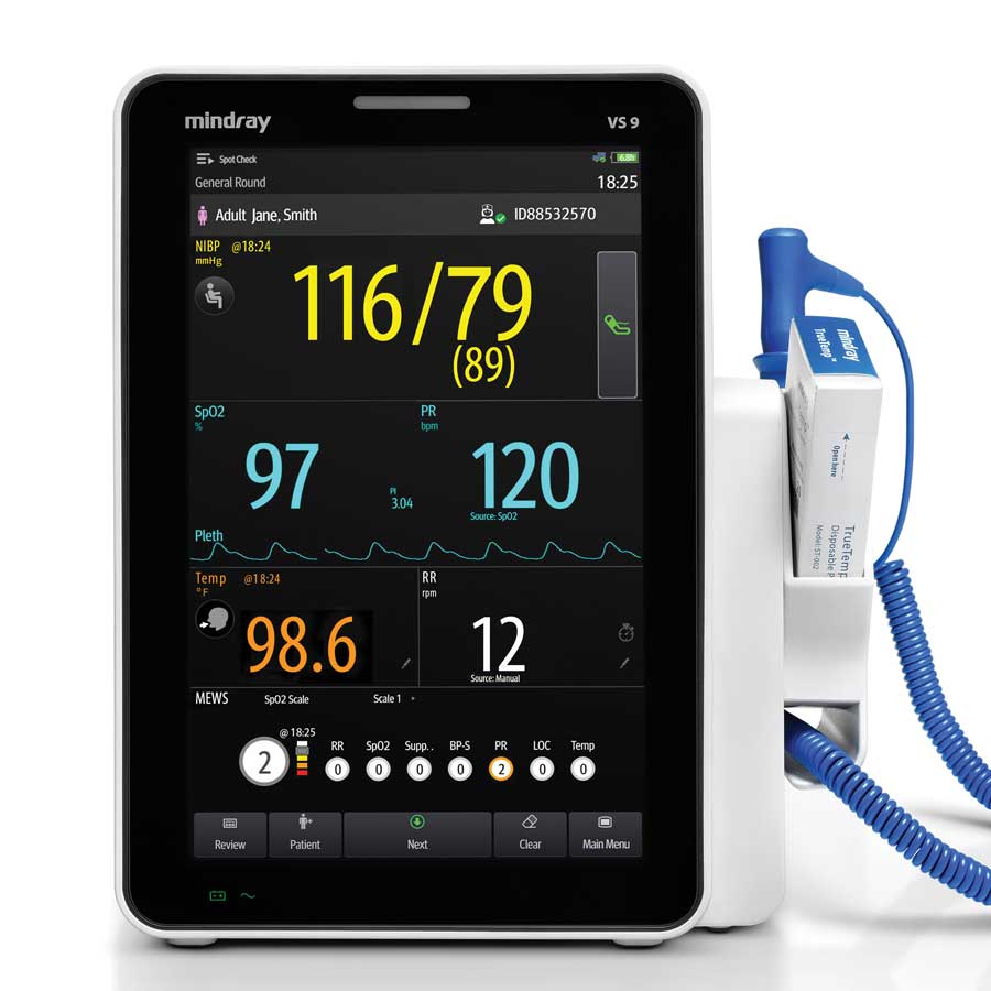 Mindray VS9 Vital Signs Monitor with NIBP, Masimo SpO2, TrueTemp, 10.1" Display, Rechargeable Battery