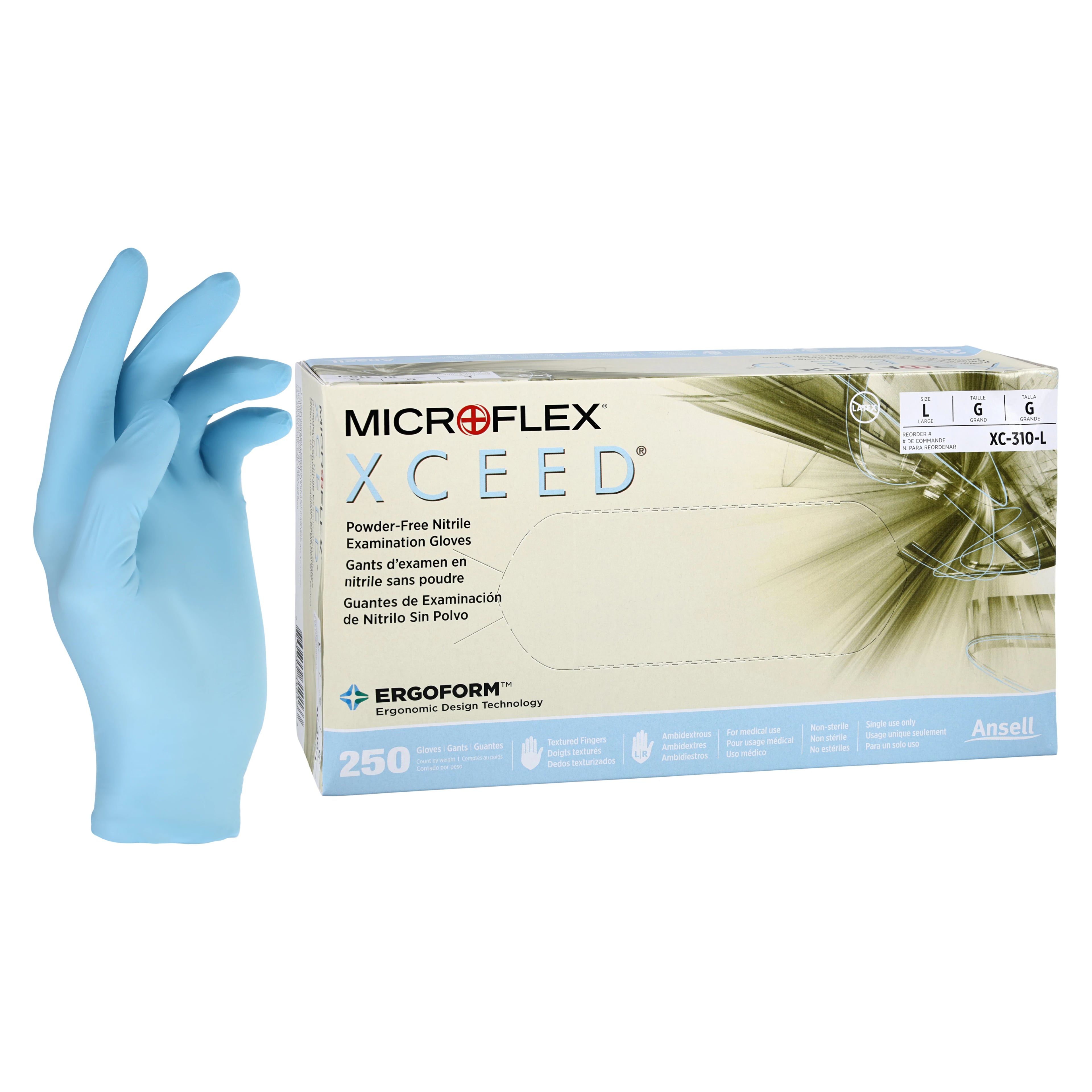 XCEED® Nitrile Examination Gloves, Powder Free, Latex Free, Non-Sterile, Large, Blue, Textured Fingertips, 250/Box, XC-310-L