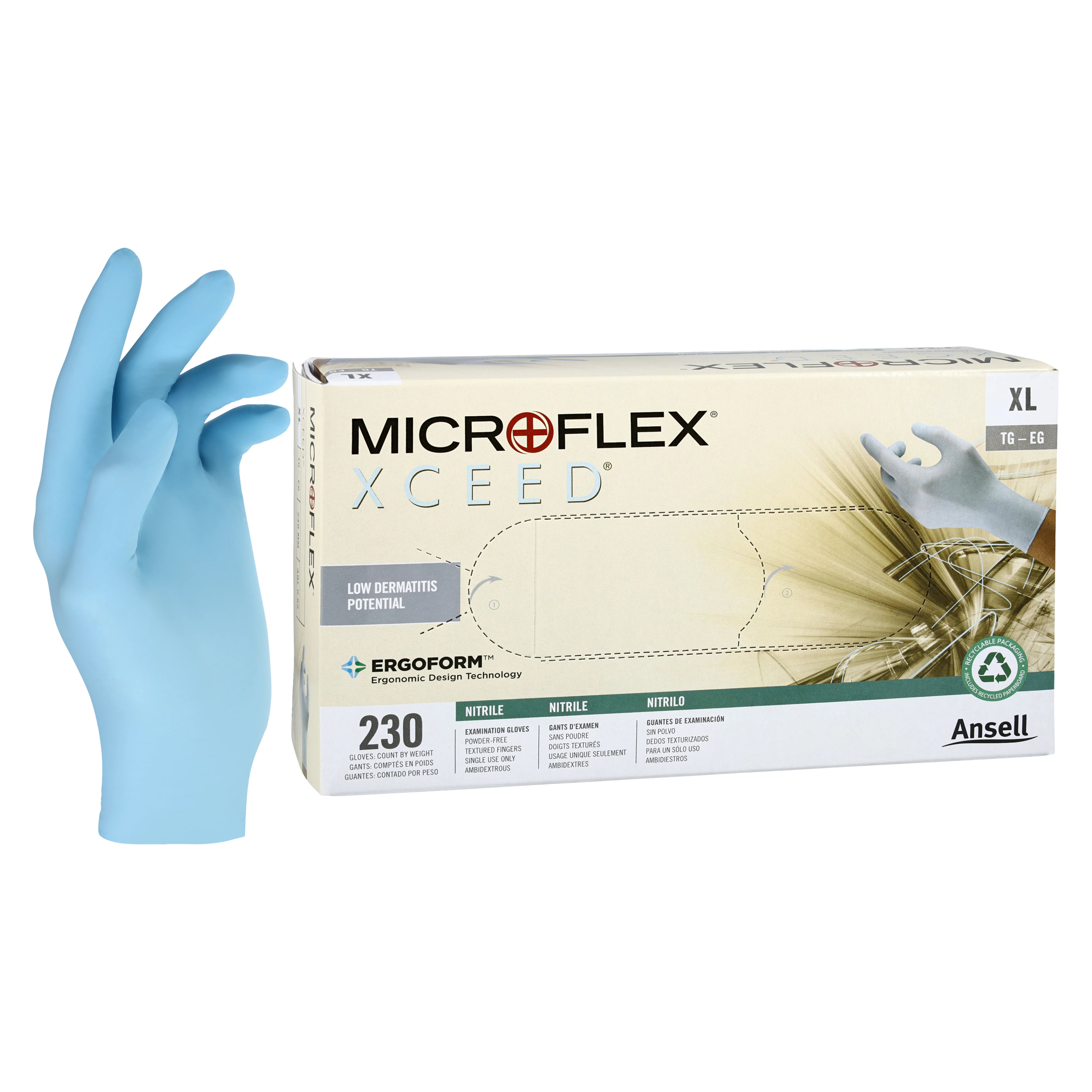 Microflex XCEED Nitrile Exam Gloves, Powder-Free, Non-Sterile, X-Large, Blue, Textured Fingertips, Beaded Cuff, 230/Box, XC-310-XL