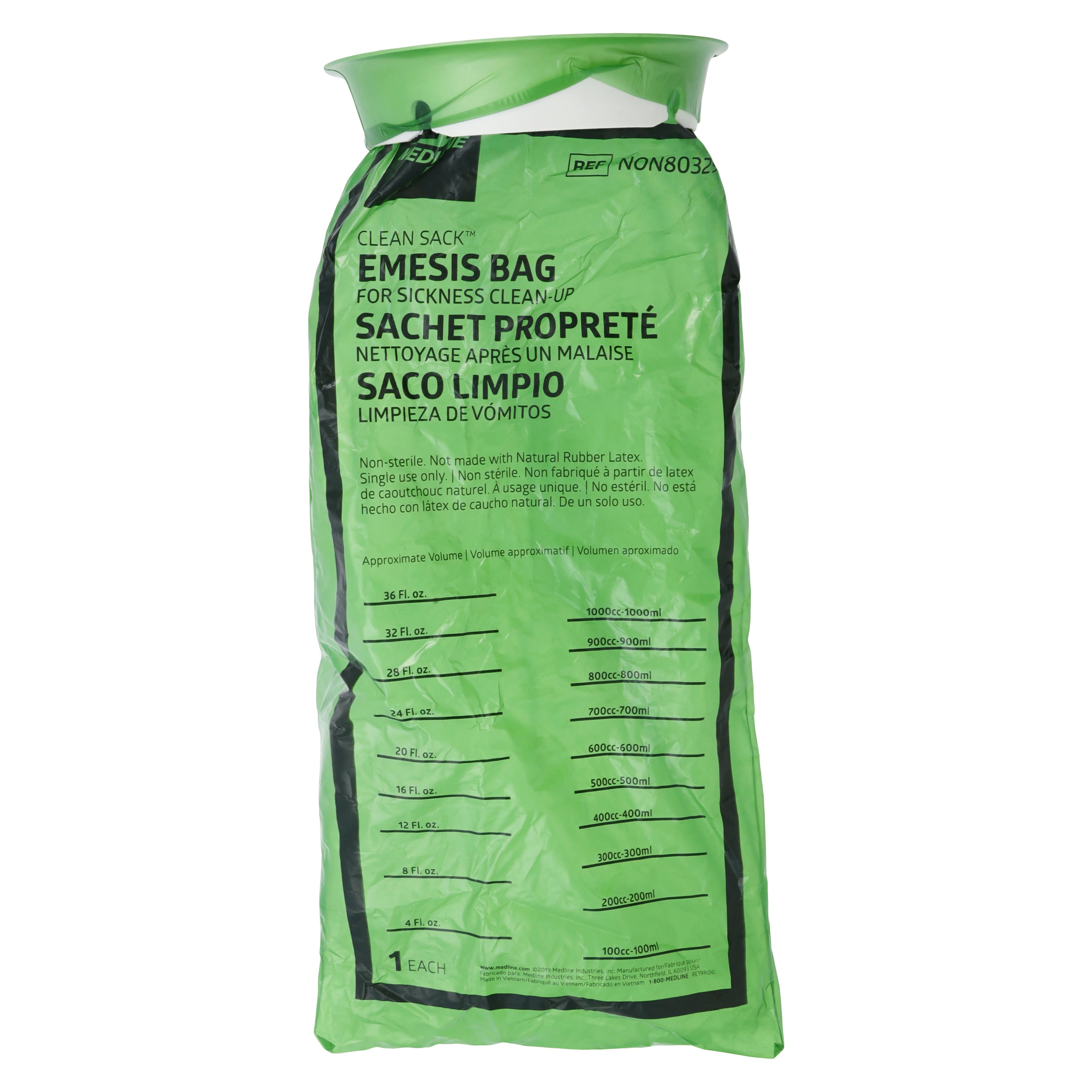 Medline Emesis Bag, Green HDPE, 5" x 6" x 13", Rigid LDPE Lid/Knob, with Paper Funnel, 24/Package