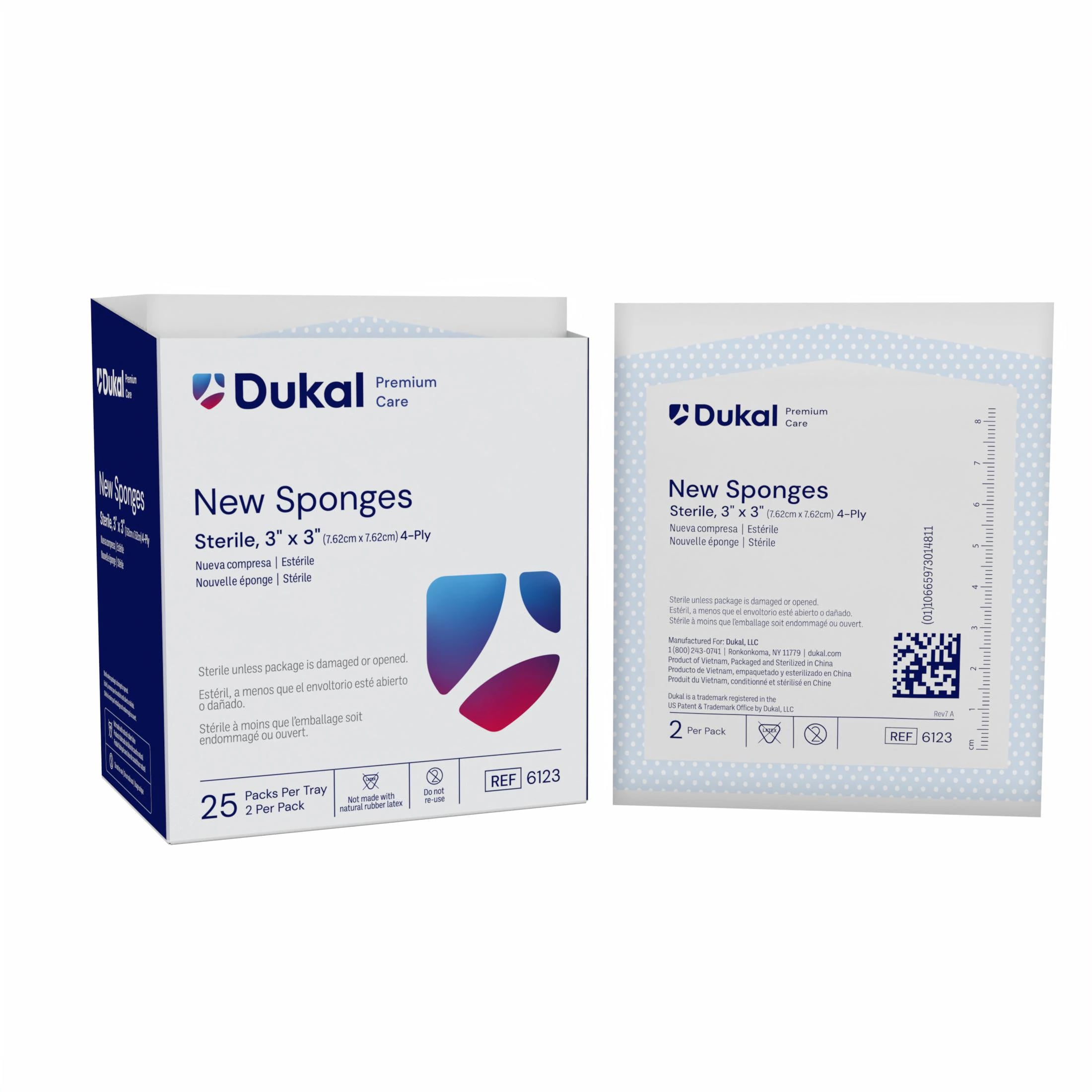 Dukal Sponge New Nonwoven 4-Ply Sterile, Rayon/Poly Blend, 3x3", Latex-Free, Square