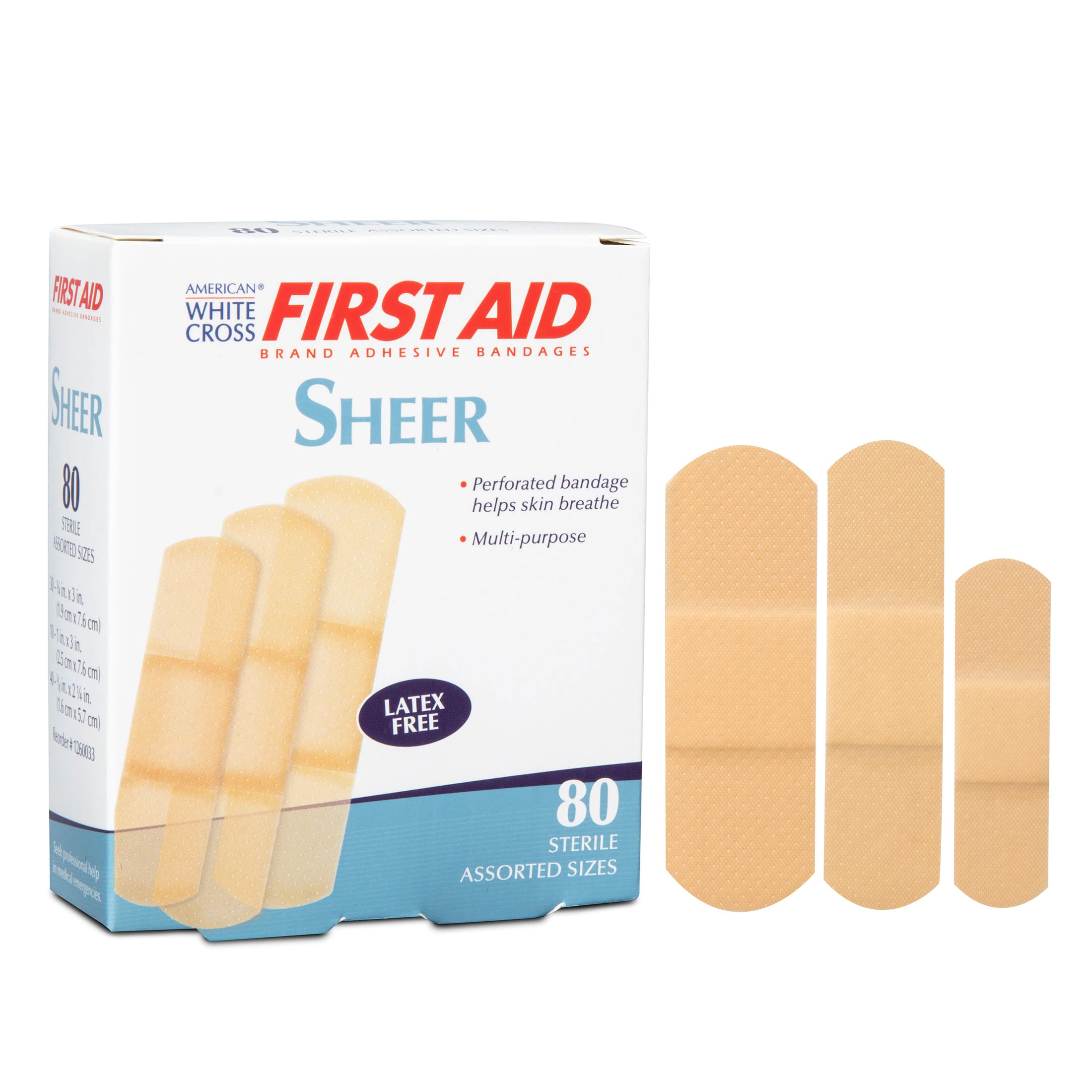 American White Cross Adhesive Bandage Plastic Assorted Sheer Sterile, 80/Box