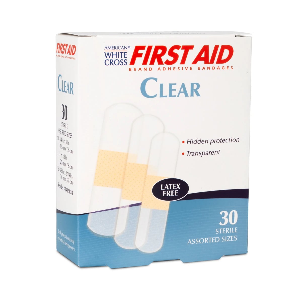 American White Cross First Aid Adhesive Bandages, Plastic, Clear, Assorted Sizes, Sterile, 30/Box