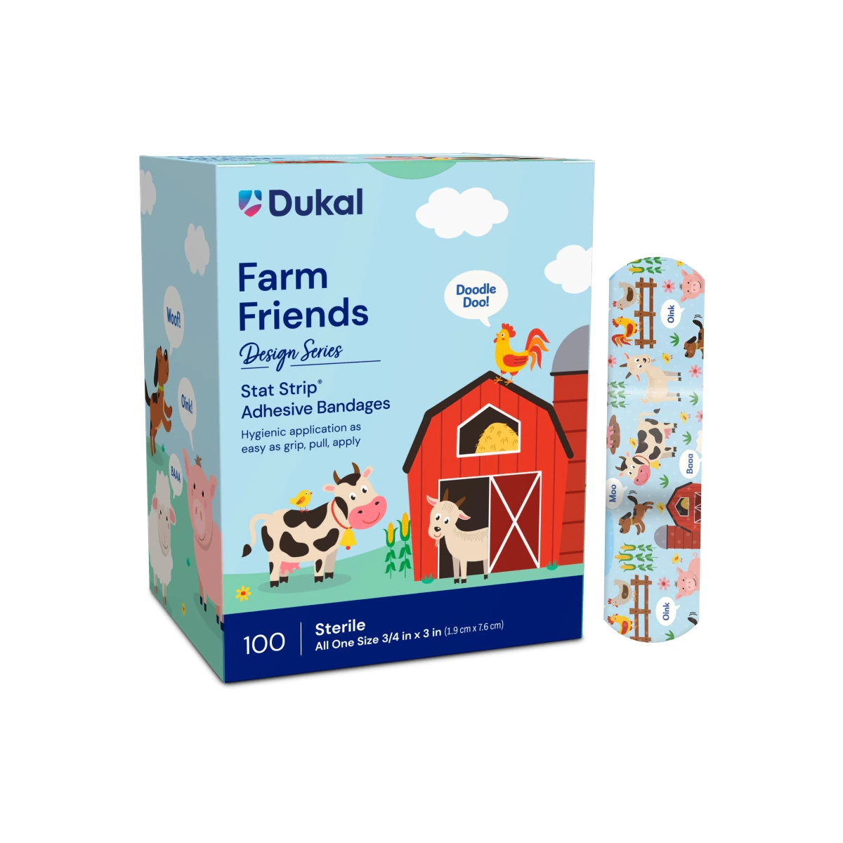 Dukal Stat Strip Adhesive Bandage, PE Film, Farm Friends, 3/4" x 3", Sterile, 100/Box