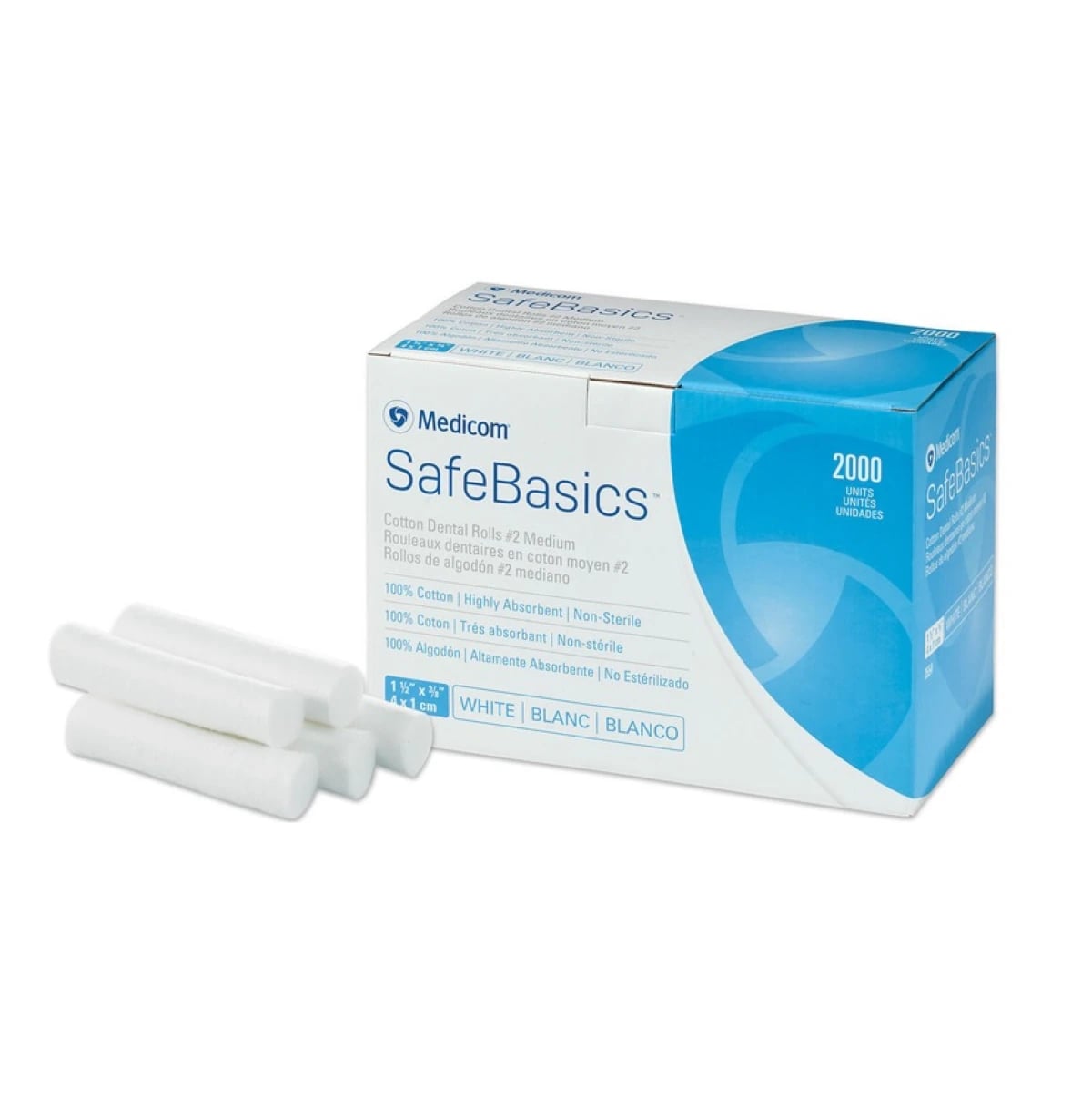 Medicom DisTech Plain Wrapped Cotton Rolls, Non-Sterile, #2 Medium, 1-1/2" x 3/8", 2000/Box, 3554