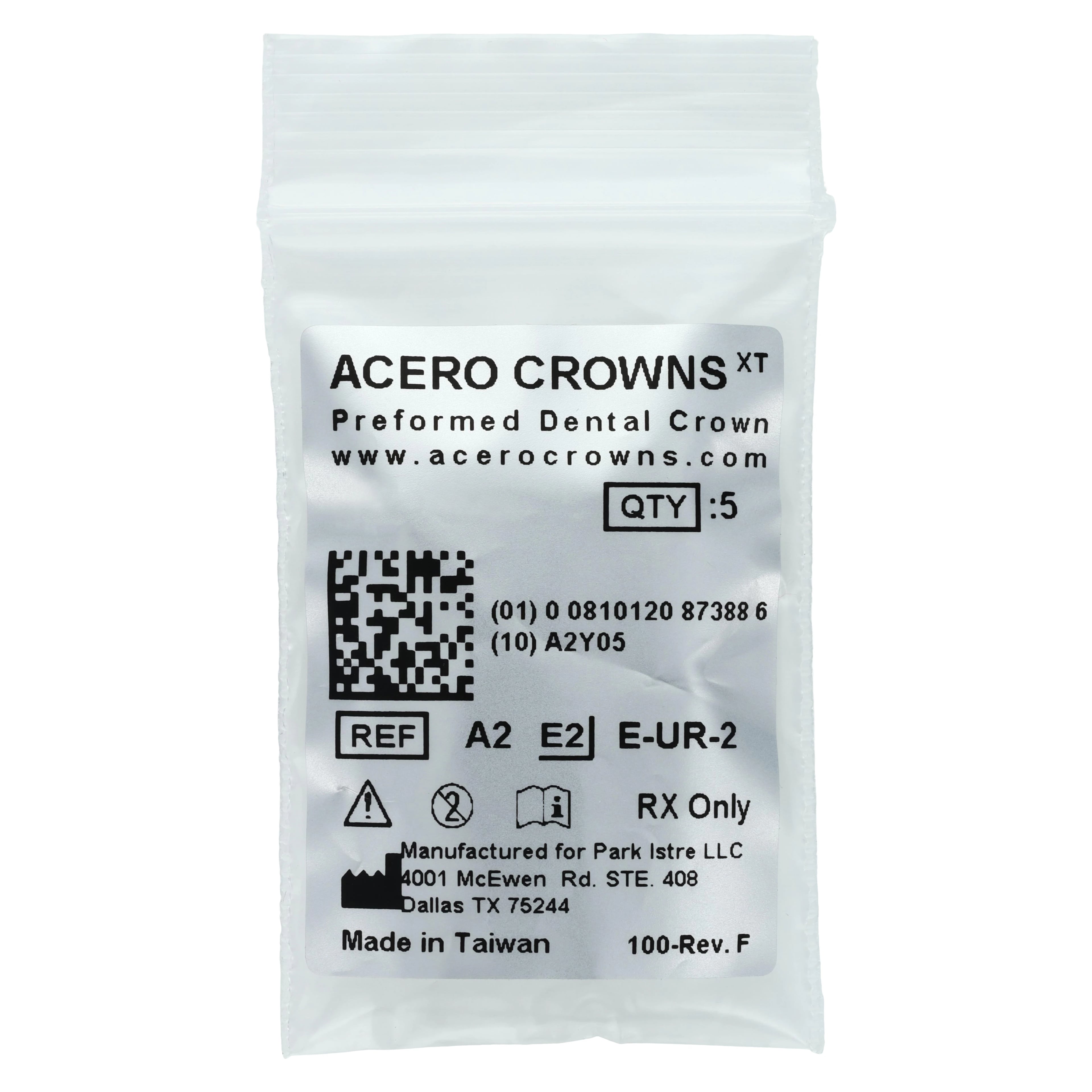 Acero XT Stainless Steel Crown, Upper Right Primary Second Molar (Tooth A), Size 2, 5/Pack, E-UR-2
