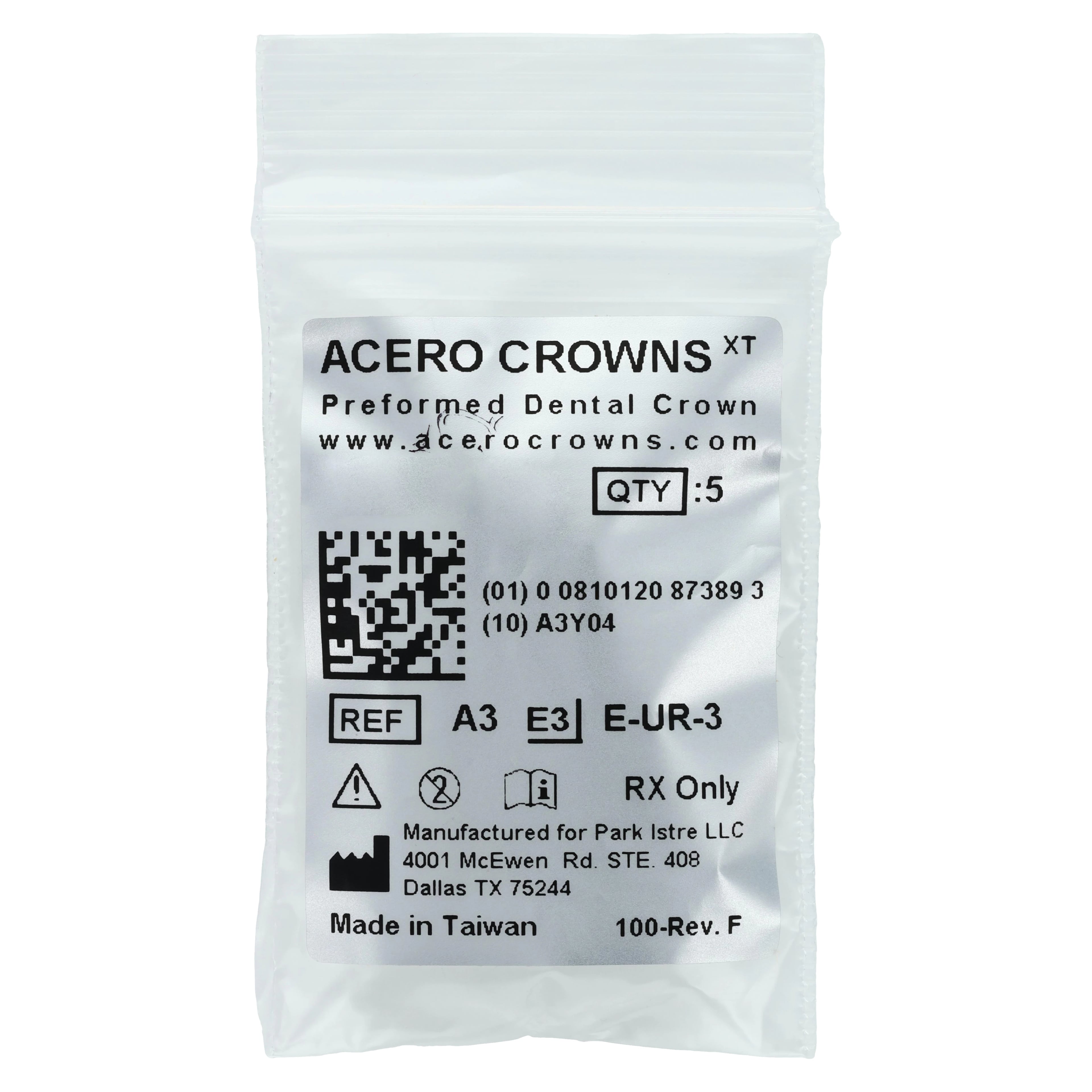 Acero XT Stainless Steel Crown, Upper Right Primary Second Molar (Tooth A), Size 3, 5/Pack, E-UR-3