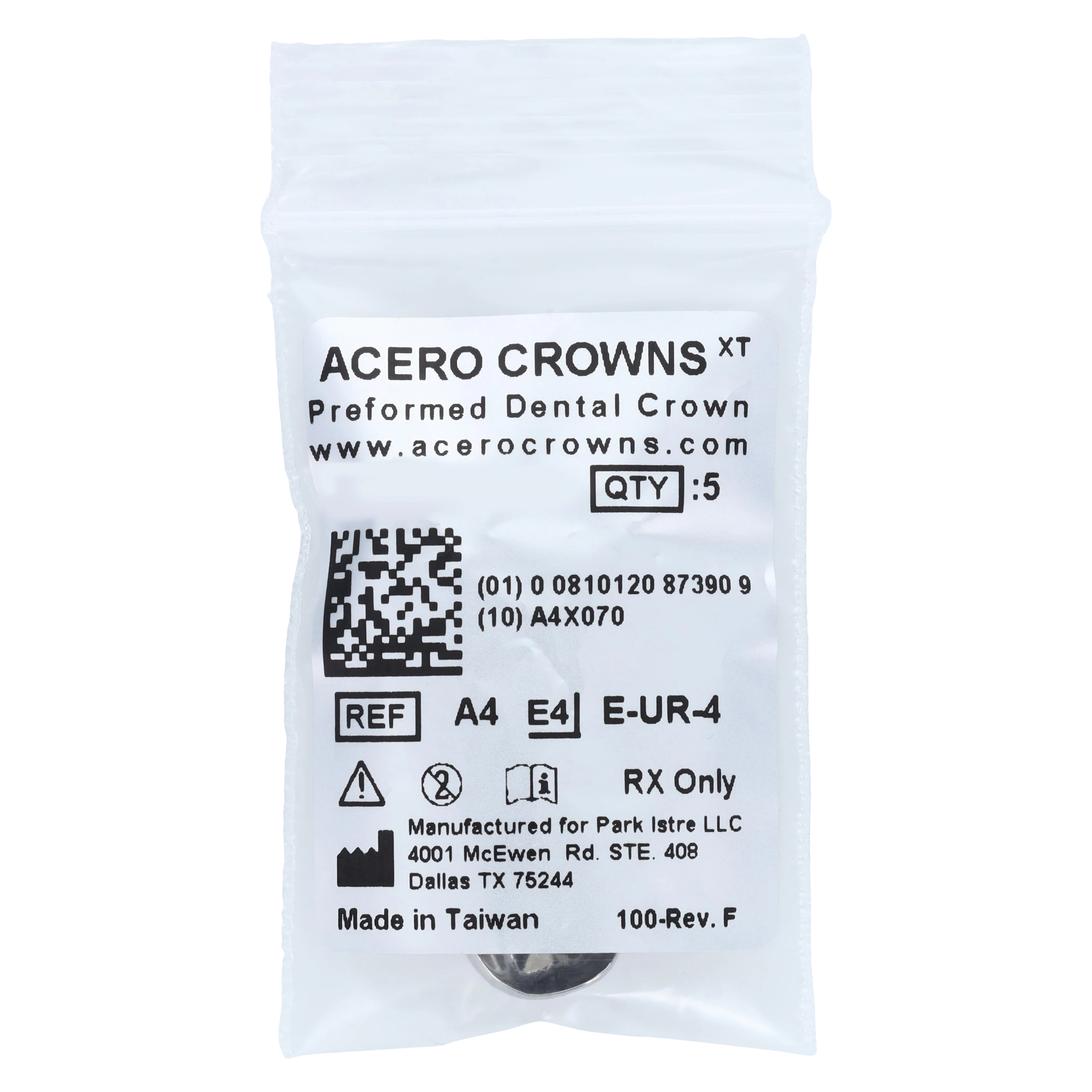 Acero XT Stainless Steel Crown, Upper Right Primary Second Molar (Tooth A), Size 4, 5/Pack, E-UR-4
