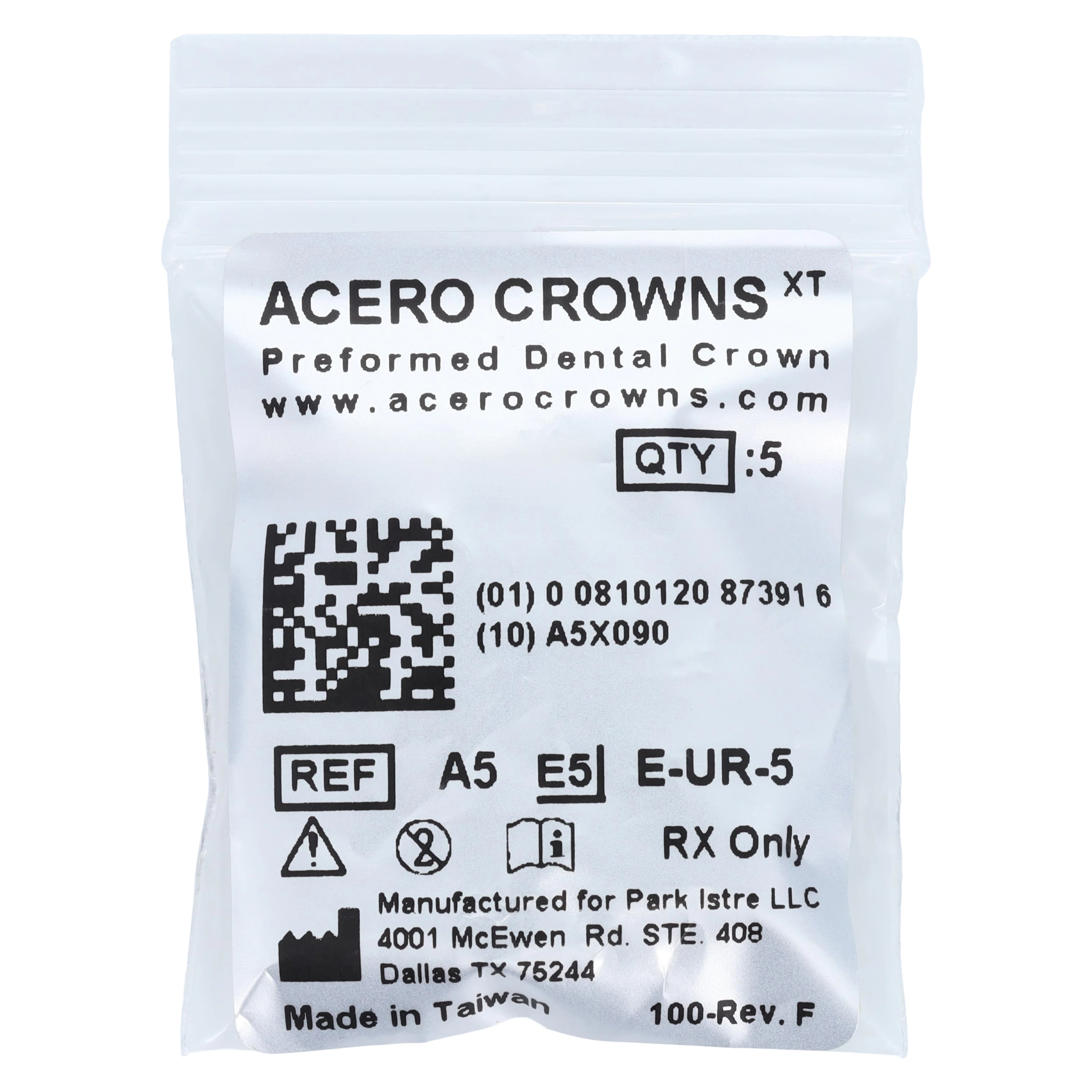 Acero XT Stainless Steel Crown, Upper Right Primary Second Molar "A", Size 5, 5/Pack, E-UR-5 XT A5