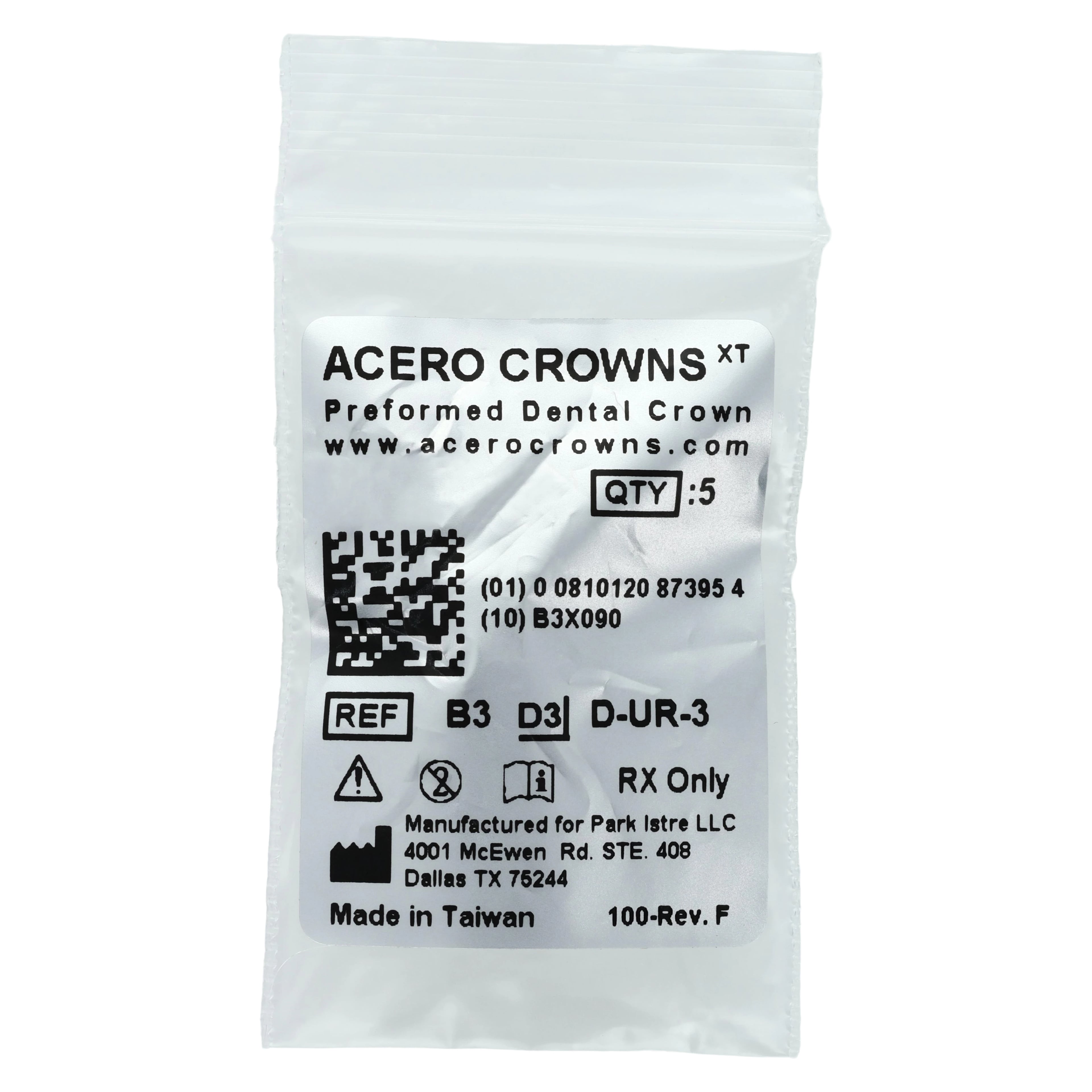 Acero XT Stainless Steel Crown, Upper Right Primary First Molar (B), Size 3, 5/Pack, D-UR-3