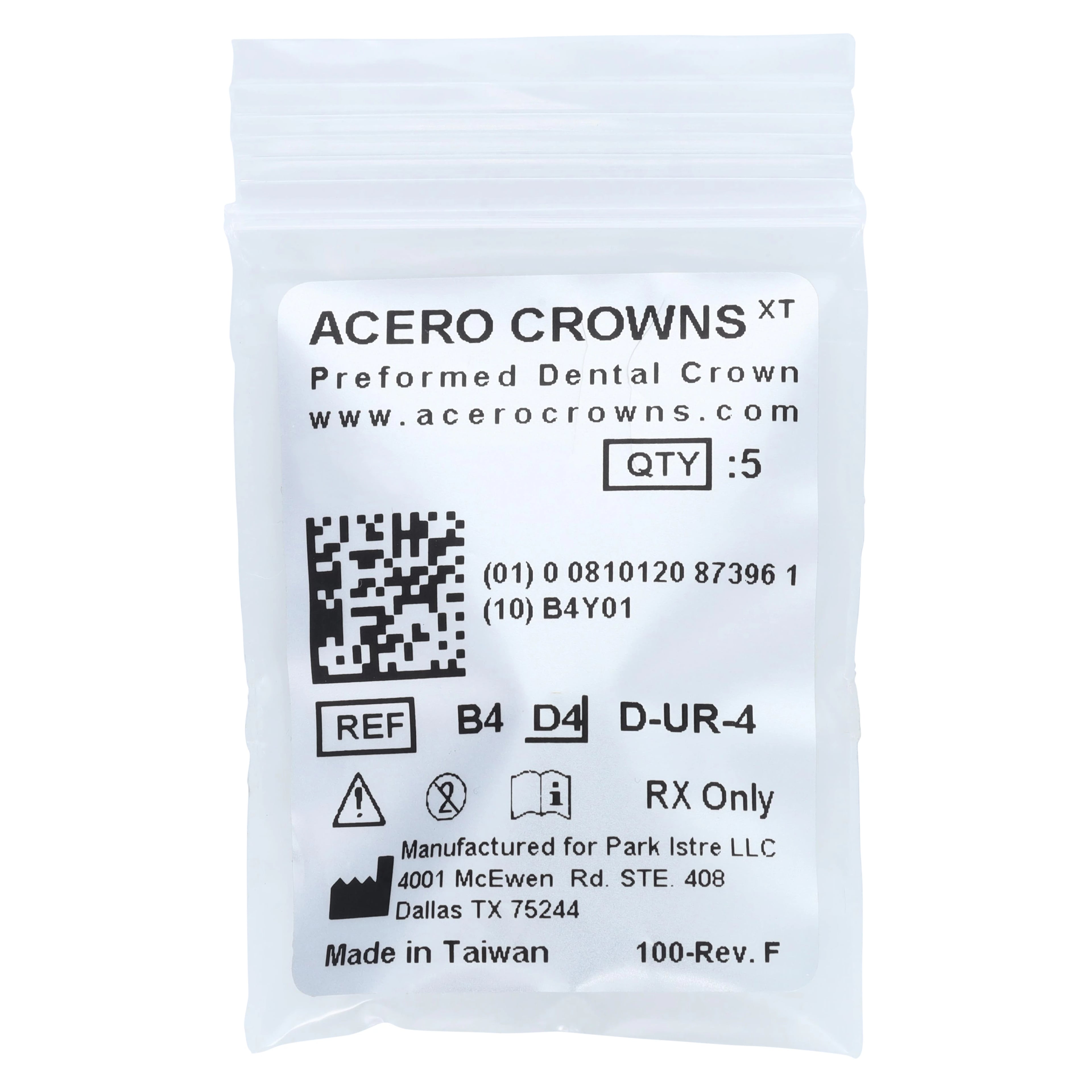 Acero XT Stainless Steel Crown, Upper Right Primary First Molar (B), Size 4, 5/Pack, XT B4