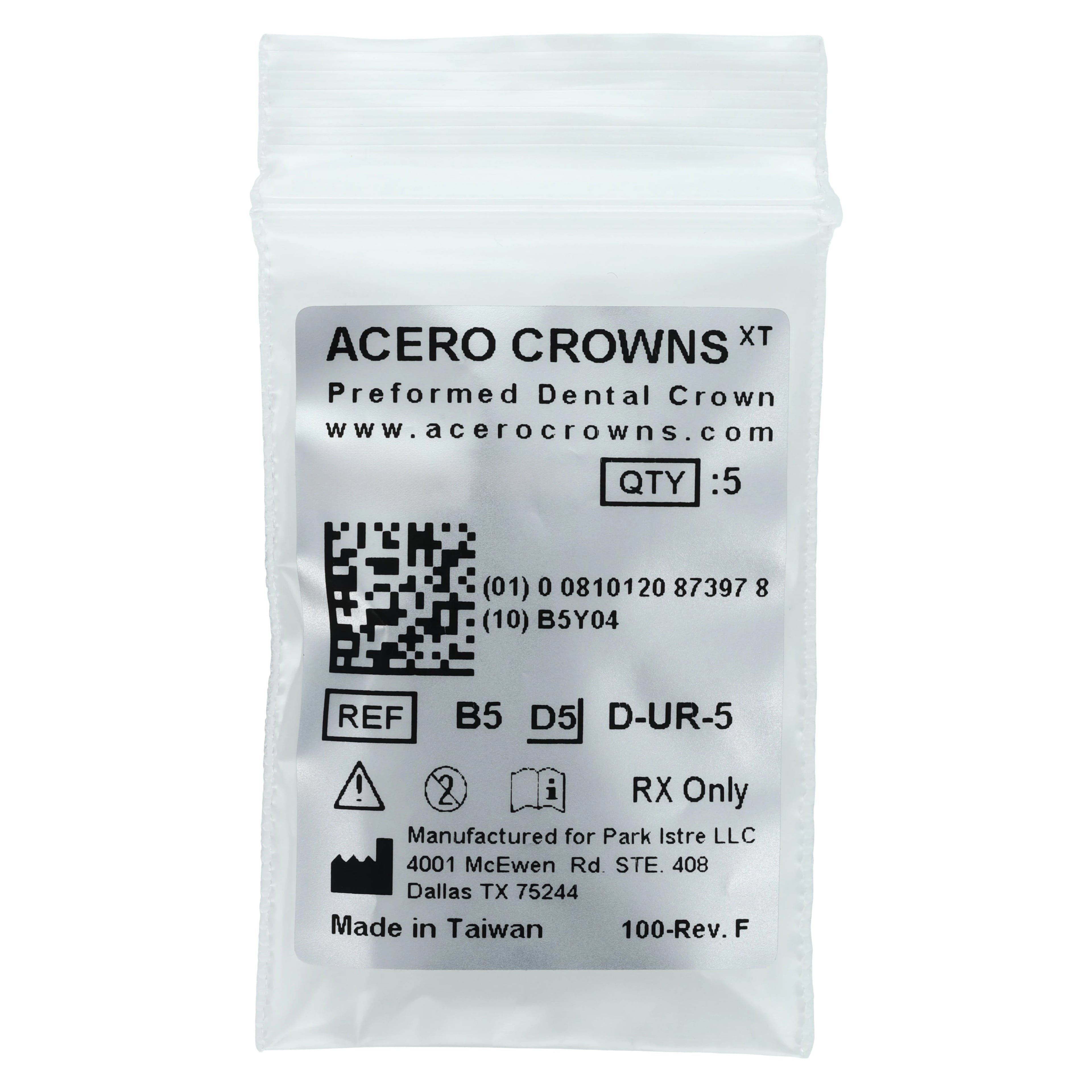 Acero XT Stainless Steel Crown, Upper Right Primary First Molar (Tooth B), Size 5, 5/Pack, D-UR-5
