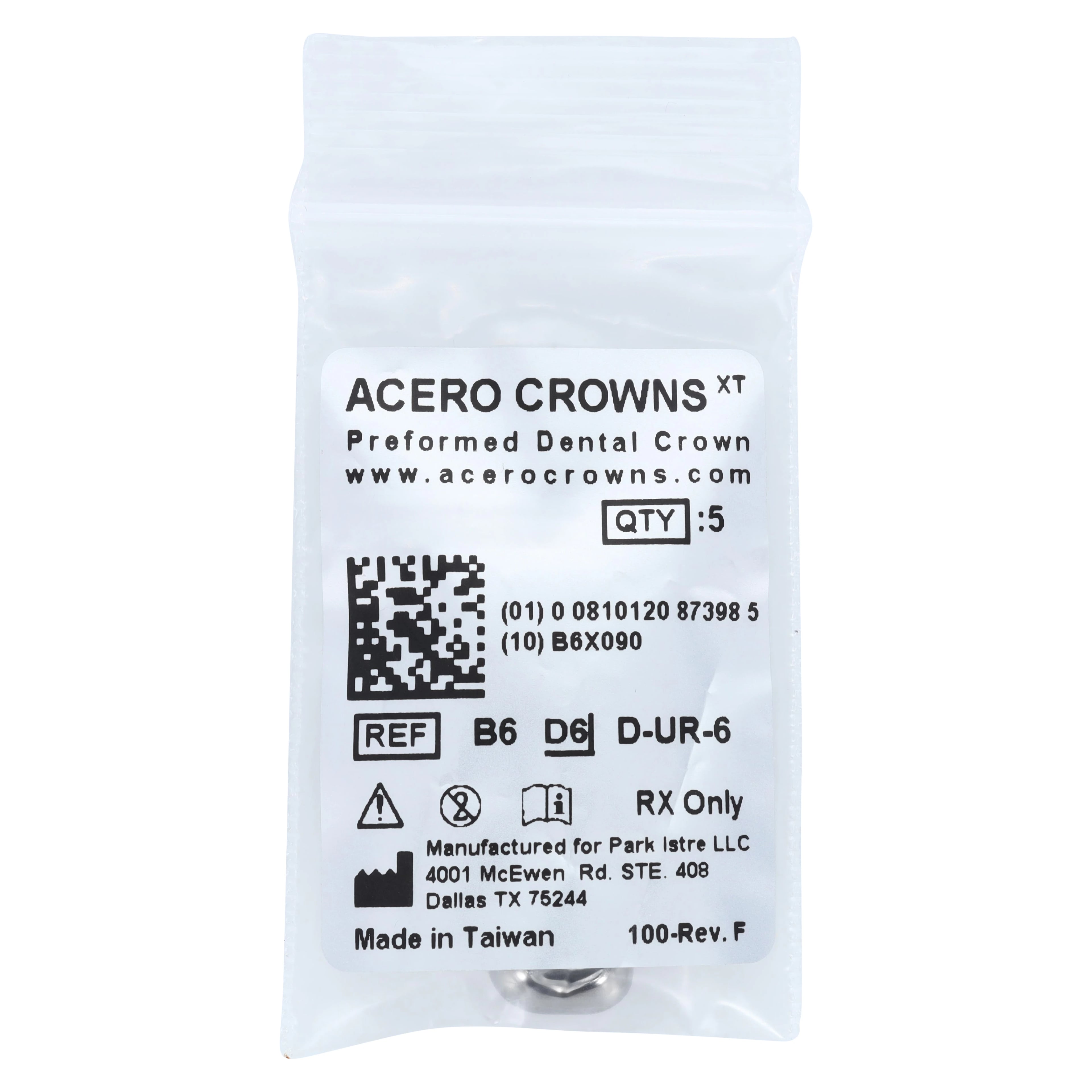 Acero XT Stainless Steel Crown, Upper Right Primary First Molar (B), Size 6, 5/Pack, D-UR-6